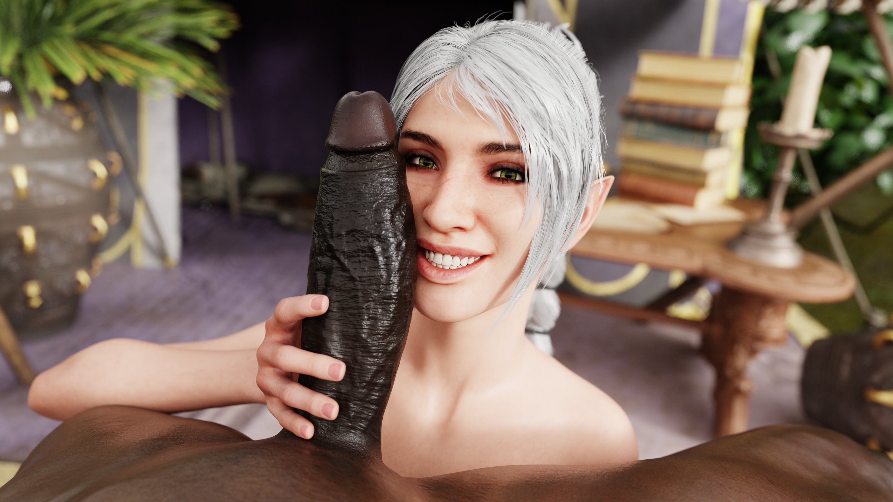 1boy, 1girls, 3d, baldur's gate, baldur's gate 3, big penis, cock, cock worship, completely nude, dark skin, dark-skinned male, derpderp, dungeons and dragons, duo, elf, elf ears, erect penis, generic dark-skinned-muscular male, green eyes, half-elf, hand on penis, holding penis, huge cock, interracial, light skin, light-skinned female, looking at viewer, male, male pov, male/female, nude, nude male, pale skin, pale-skinned female, partial male, penis, penis on face, pointy ears, scar, scar on face, shadowheart, smile, smiling, smiling at viewer, textless, unseen male face, veiny penis, white hair, wyll ravengard