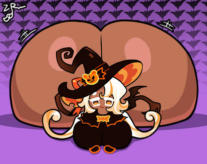 1girls, artist name, artist signature, big ass, big butt, big thighs, black clothing, bubble ass, bubble butt, clothed, clothing, cookie run, cookie run kingdom, female, female only, gloves, hyper, hyper ass, hyper butt, jiggle, jiggling, jiggling ass, jiggling butt, latte cookie (cookie run), long hair, lowres, purple background, solo, solo female, solo focus, tagme, tagme (artist), thick thighs, thighs, very long hair, white hair, witch hat