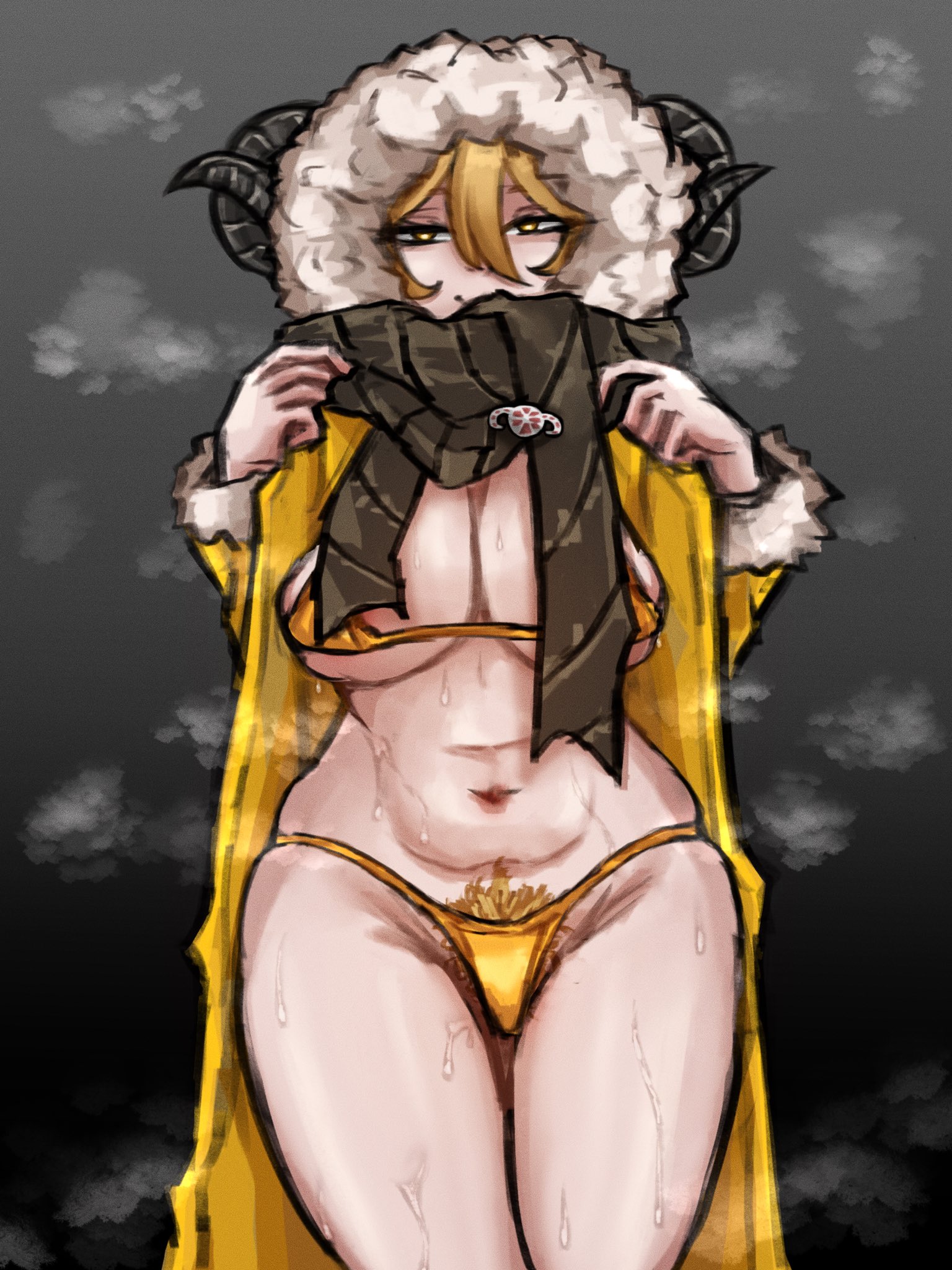 1girls, big breasts, bikini, blonde hair, don quixote (limbus company), gold bikini, heishou pack-wei branch (identity) (project moon), horns, limbus company, looking at viewer, open clothes, partially clothed, presenting, project moon, pubic hair, scarf, sheep girl, sheep horns, short hair, smile, solo, standing, sweat, thick thighs, valentine gaz, yellow eyes