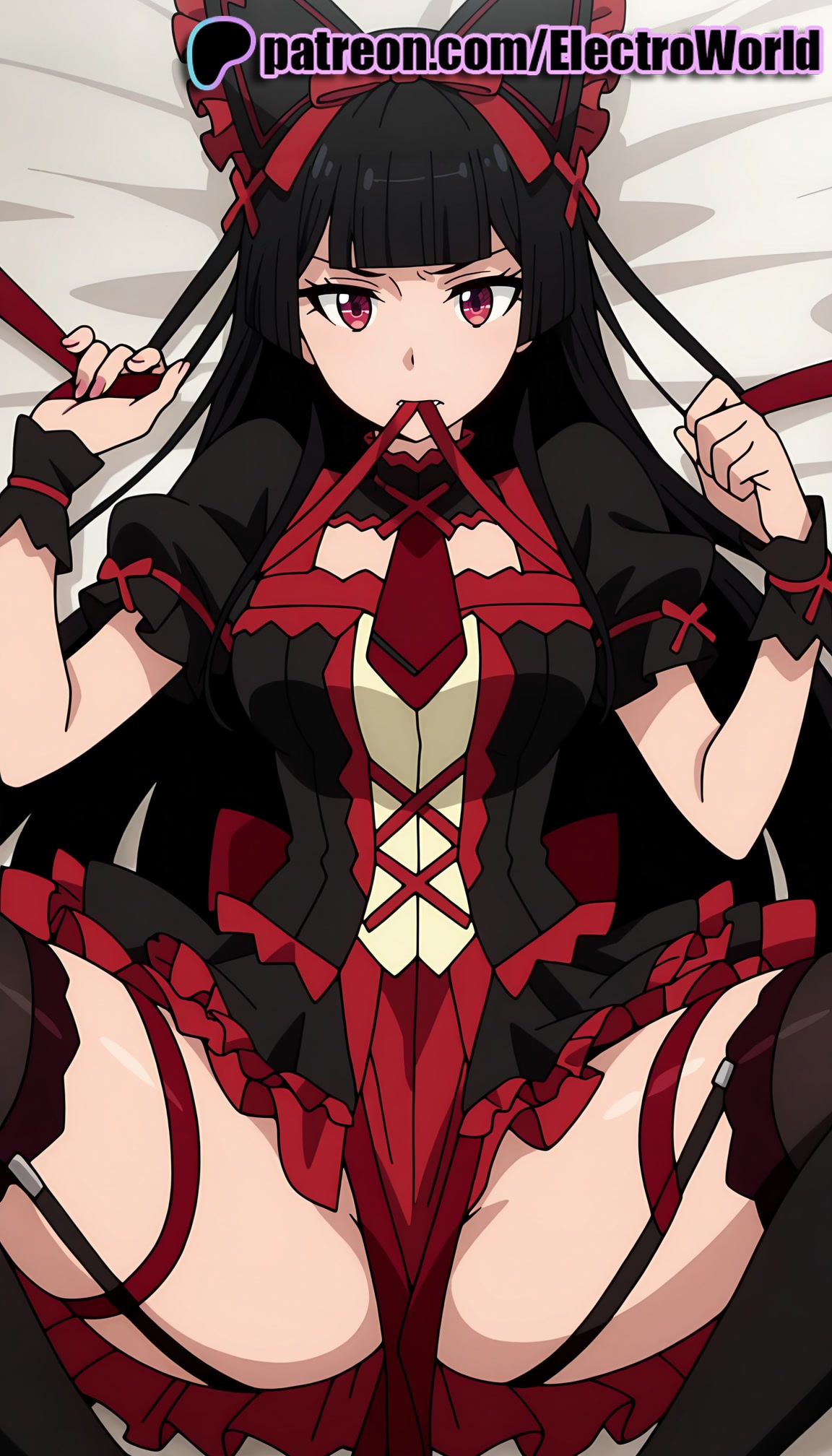 1girls, 2025, ai generated, artist name, black hair, black legwear, electroworld, female, garter belt, garter straps, gate - jieitai ka no chi nite kaku tatakaeri, gothic lolita, hi res, high quality, high resolution, highres, legs apart, legs spread, lolita fashion, long hair, mouth hold, open legs, patreon, patreon username, red eyes, rory mercury, solo, splayed legs, spread legs, stable diffusion, thighhighs, watermark