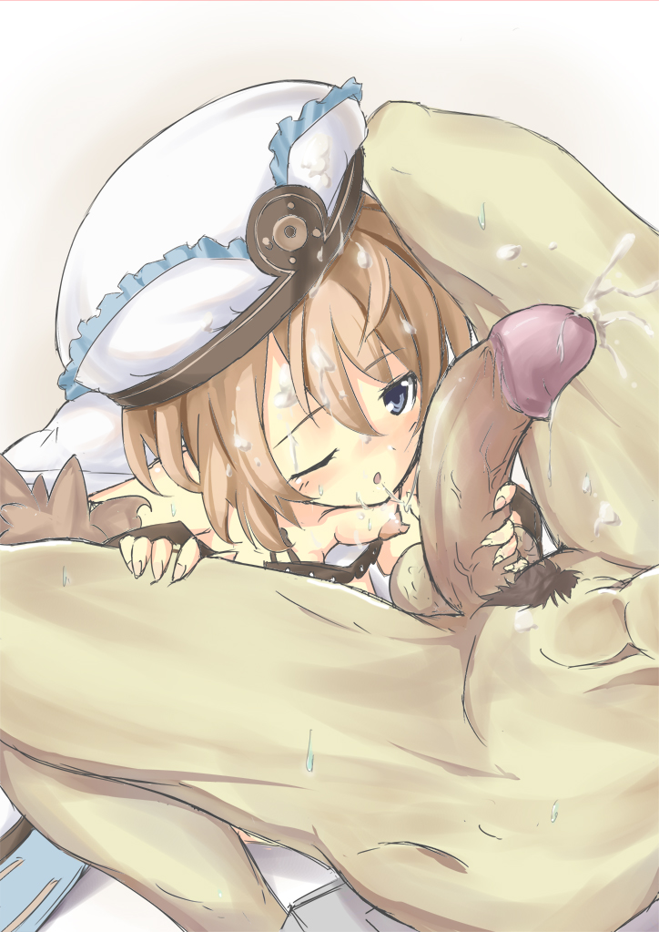 aral blanc blue_eyes blush breasts brown_hair compile_heart cum cum_on_hair ejaculation facial fellatio female gust hat huge_cock idea_factory neptunia_(series) nipples one_closed_eyes oral penis pubic_hair saliva sega short_hair uncensored wink