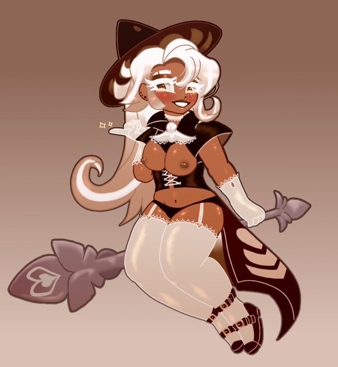 1girls, areola, areolae, artist request, black panties, blush, blushing, brown areola, brown background, brown body, brown hair, brown hat, brown nipples, brown skin, choker, clothed, clothing, collar, cookie run, cookie run kingdom, corset, eacker hacker, eyebrows visible through hair, female, female focus, female only, gloves, gradient background, grin, grinning, hair between eyes, hat, hi res, highres, humanized, humanoid, latte cookie (cookie run), long hair, nipples, no artist signature, shoes, smile, smiling, solo, solo female, thick thighs, thighs, very long hair, white background, white hair, white thighhighs, witch hat