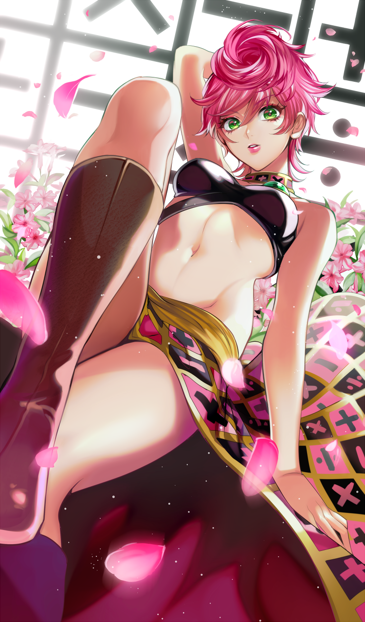 boots breasts choker female female_only flower flower_petals green_eyes jojo's_bizarre_adventure looking_at_viewer matsurika_youko pink_hair short_hair skirt solo trish_una vento_aureo