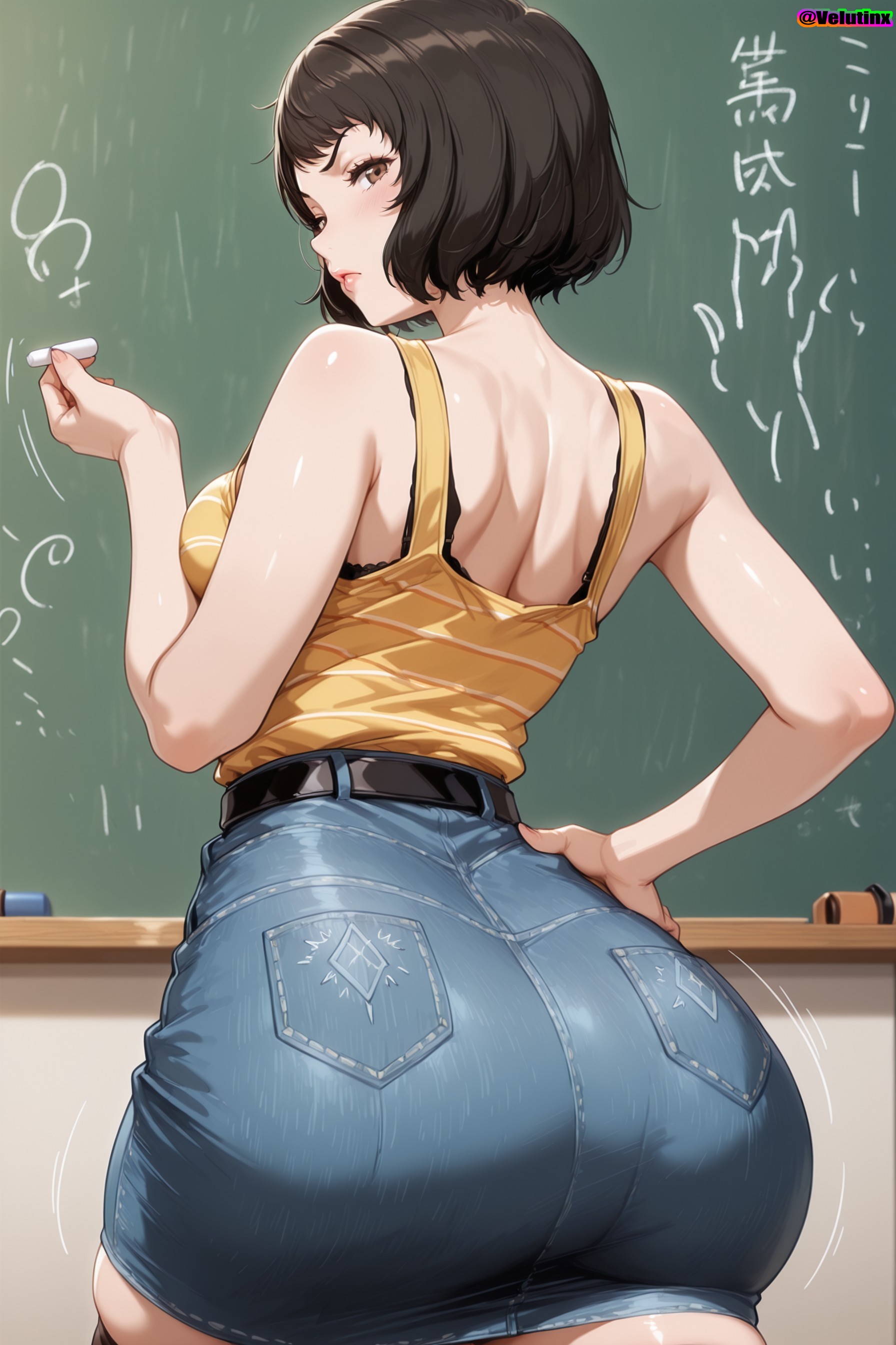 1girls, against wall, ai generated, angry, angry face, annoyed, ass focus, big breasts, big butt, breasts, brown eyes, brown hair, bubble butt, caked up, chalk, chalkboard, cheesecake, classroom, curvaceous, curvy, curvy figure, female, from behind, hi res, high quality, highres, huge ass, jean skirt, mature, mature female, paid reward available, persona, persona 5, persona 5 royal, sadayo kawakami, short hair, shorts, skindentation, skirt, soft breasts, sweat, sweating, tank top, teacher, thick ass, thick thighs, velutinx, voluptuous, voluptuous body, voluptuous female, watermark, wide hips