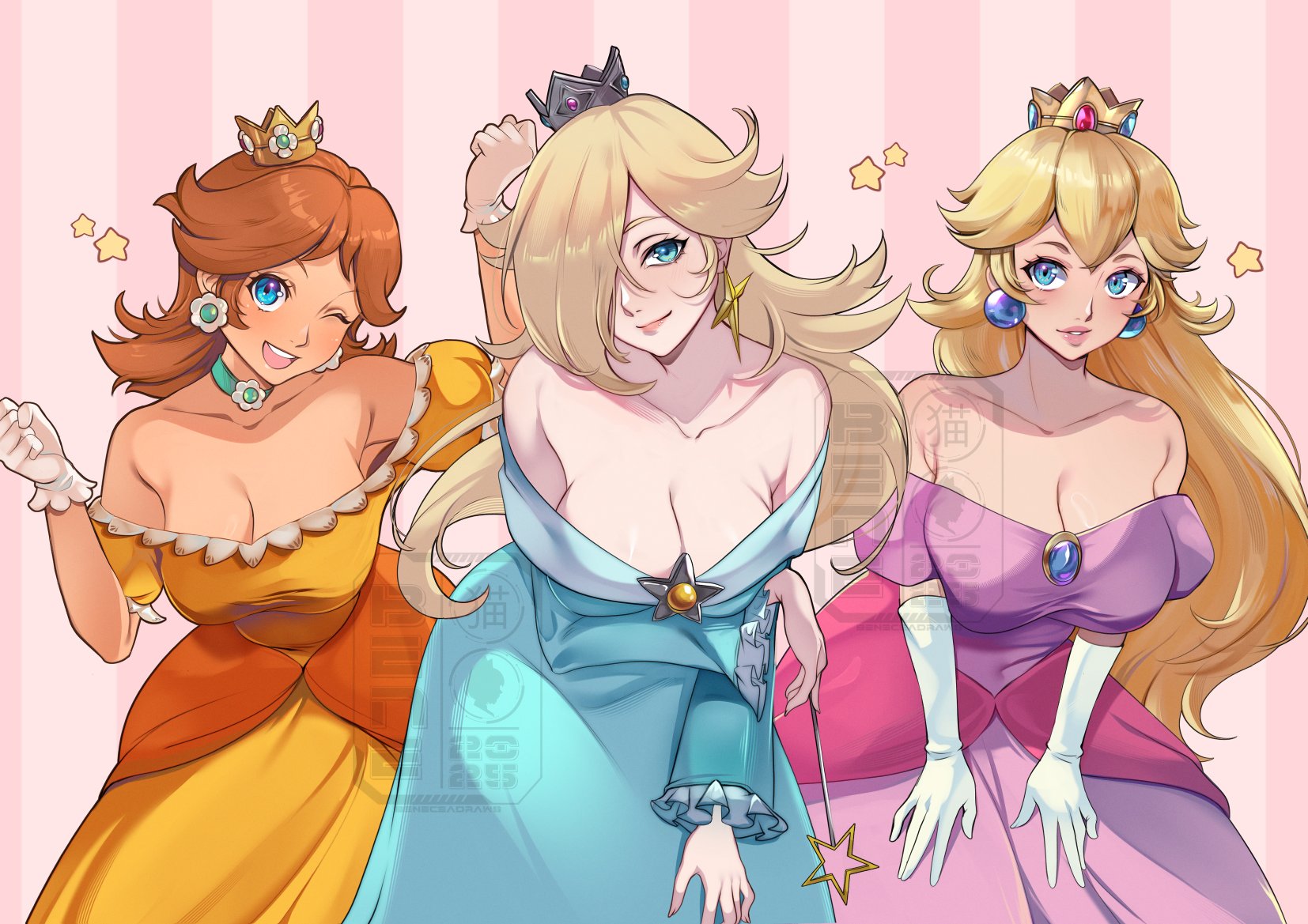 3girls, 5 fingers, adapted costume, alternate breast size (larger), arm under breasts, artist name, bare shoulders, bedroom eyes, beneceadraws, black crown, blonde hair, blue dress, blue eyes, blush, breasts, brooch, brown hair, choker, cleavage, closed mouth, clothing, collarbone, crown, dress, earrings, female, female only, flipped hair, flower earrings, gloves, gold crown, green choker, grey crown, hair over one eye, hands on own legs, hands on own thighs, highres, holding, holding wand, jewelry, large breasts, leaning forward, legs, long hair, long sleeves, looking at viewer, mario (series), nintendo, off shoulder, off-shoulder dress, one eye closed, open mouth, orange dress, parted lips, pink lips, princess, princess daisy, princess dress, princess peach, princess rosalina, puffy sleeves, purple dress, rosalina, seductive, seductive eyes, seductive pose, short sleeves, silver crown, simple background, sisters, sisters (lore), sleeveless, sleeveless dress, smile, solo, star (symbol), star brooch, star earrings, star wand, supporting breasts, teeth, thighs, top heavy, top heavy breasts, upper teeth only, wand, watermark, white gloves, wide hips, yellow crown, yellow dress