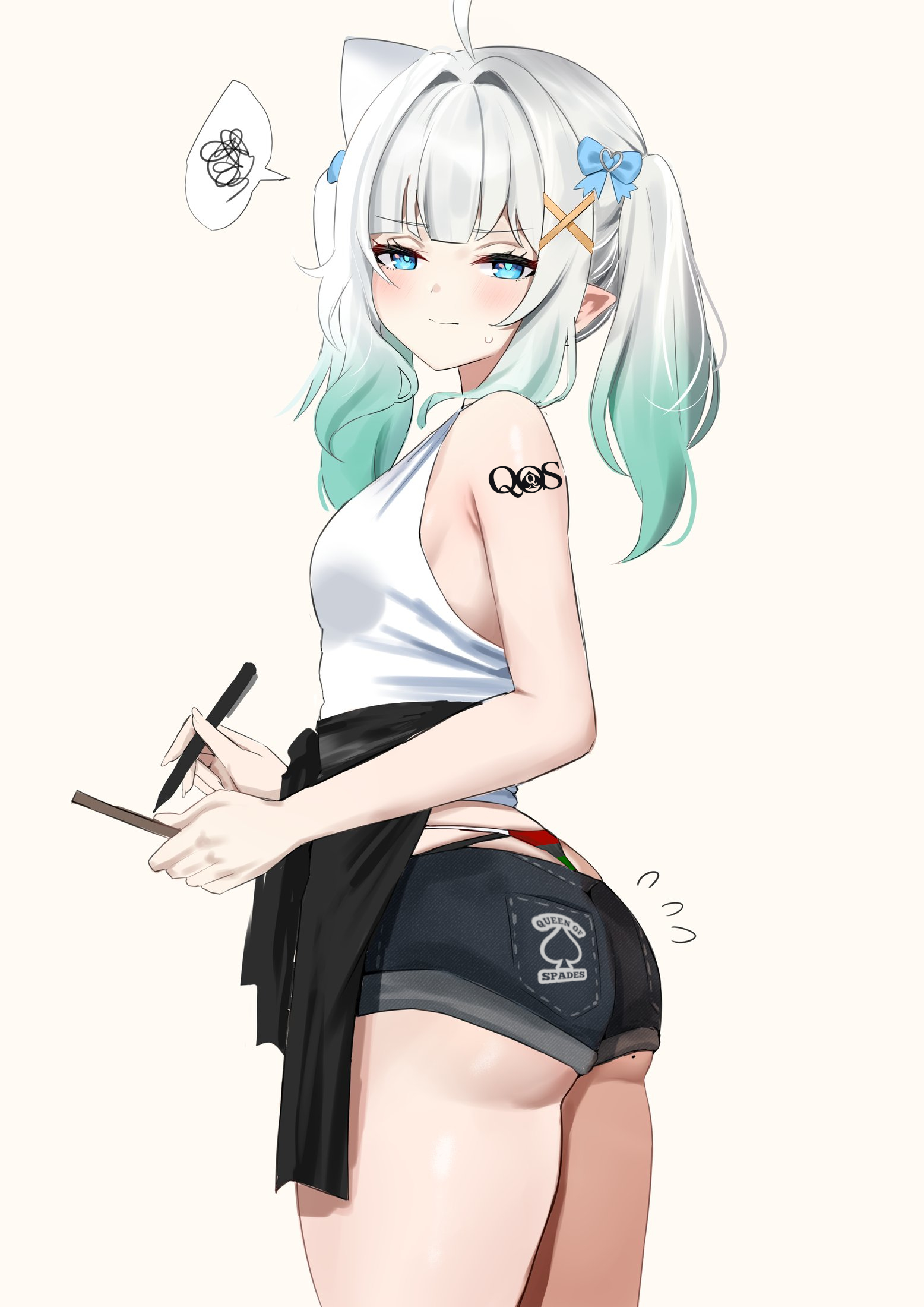 1girls, artist request, ass, mint fantome, queen of spades, solo, solo female, spade tattoo, thong, virtual youtuber, waitress