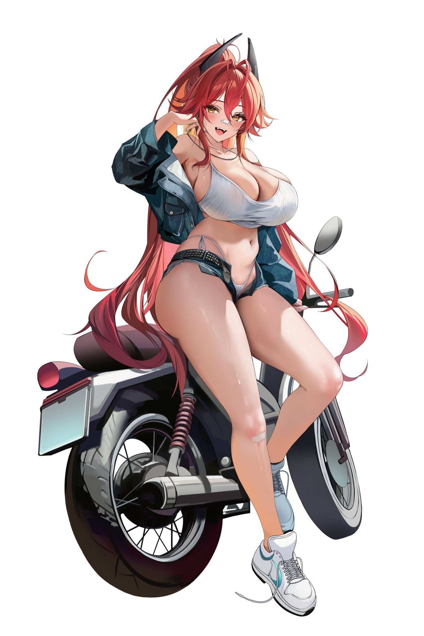 1girls, 2025, bandaid, belly, belly button, big breasts, booty shorts, breasts, breasts bigger than head, cleavage, clothed, clothed female, clothing, color, colored, crop top, curvy, curvy female, curvy figure, denim, denim jacket, denim shorts, female, female focus, female only, goddess of victory: nikke, hidogod, horn, horns, huge breasts, leaning, leaning on object, light skin, light-skinned female, looking at viewer, massive breasts, midriff, motorcycle, plapbait, ponytail, red hair, red hood (nikke), red hood (retro days) (nikke), revealing clothes, shift up, short shorts, shorts, skimpy clothes, solo, solo female, solo focus, stomach, thighs, yellow eyes