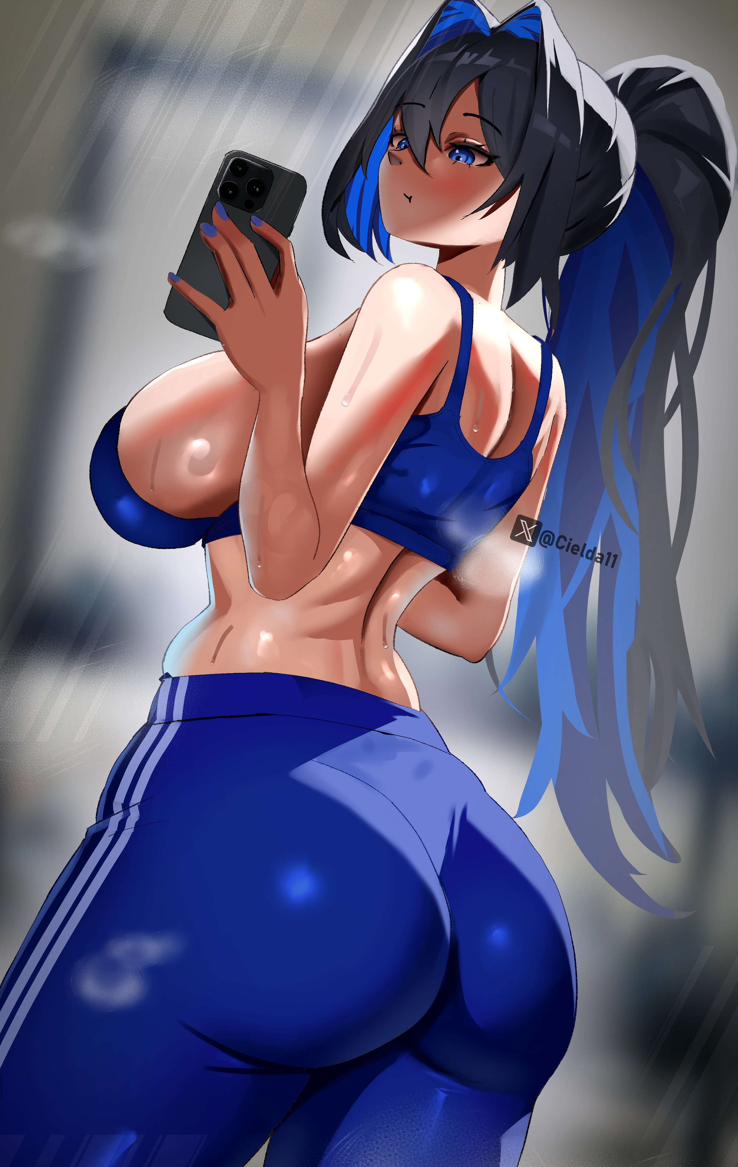 1girls, 2025, absurd res, absurdres, alternate costume, ass, back, back view, big ass, big breasts, blue eyes, blue hair, blurred background, blush, breasts, cielda11, dark hair, female, female only, gym clothes, hair intakes, hi res, high resolution, highres, holding object, holding phone, hololive, hololive english, hololive english -council-, hololive english -promise-, huge ass, huge breasts, large ass, large breasts, long hair, ouro kronii, phone, ponytail, sideboob, solo, solo female, standing, sweat, sweatdrop, tagme, tied hair, two-tone hair, virtual youtuber, watermark