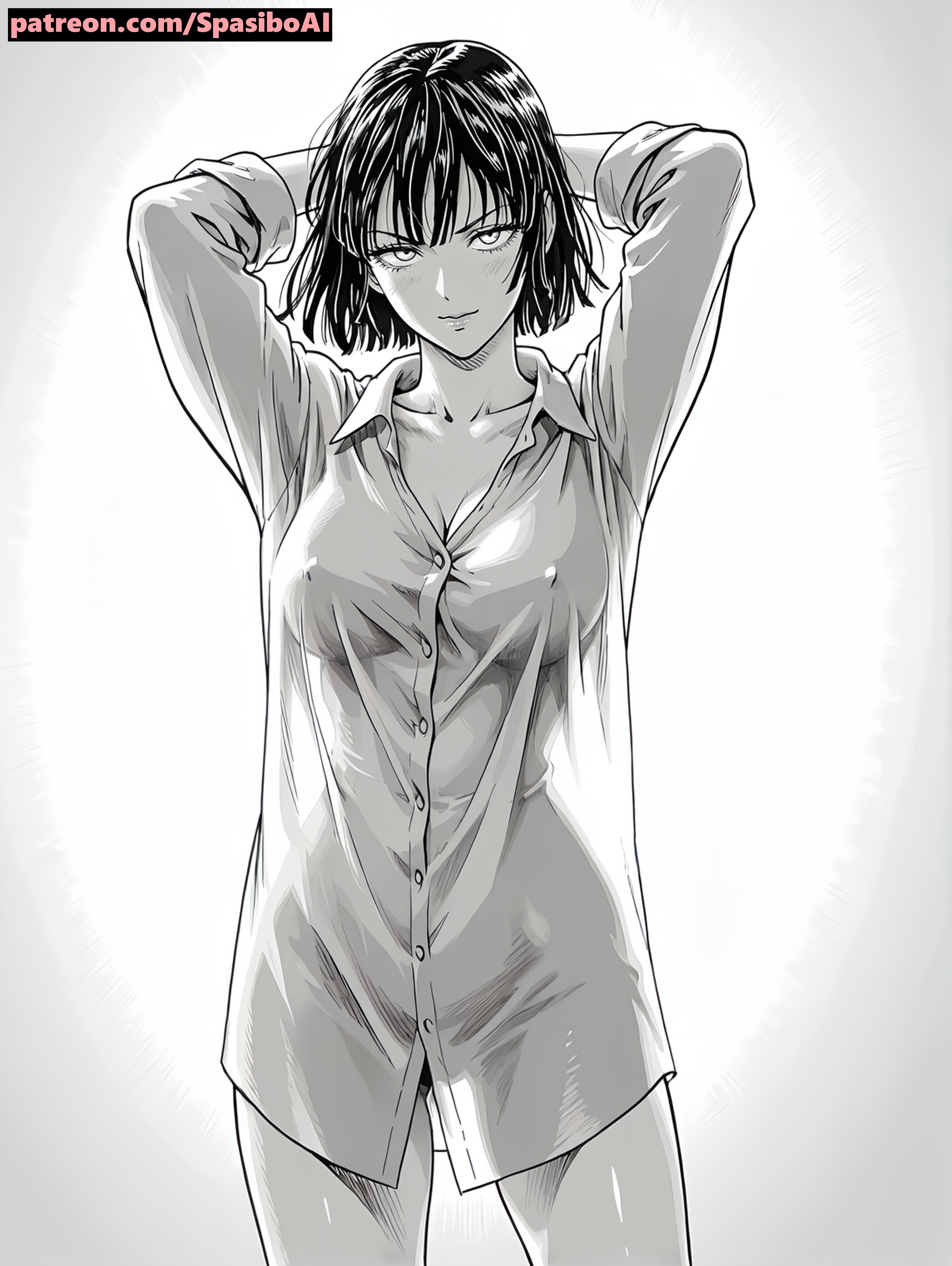ai generated, black hair, breasts, covered nipples, cowboy shot, female, fubuki (one-punch man), greyscale, hands behind head, monochrome, one-punch man, oversized clothes, seductive look, seductive smile, see-through, see-through clothing, shirt, short hair, simple background, smile, solo, spasibo15, white background, white shirt