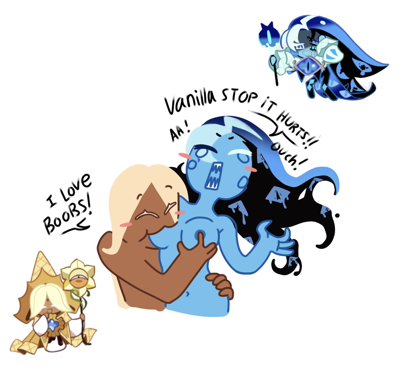 biting, biting nipple, breasts, cookie run, cookie run kingdom, cute, forced, forcing, gripping hips, pure vanilla cookie, questionable consent, shadow milk cookie, tears, tears of pain
