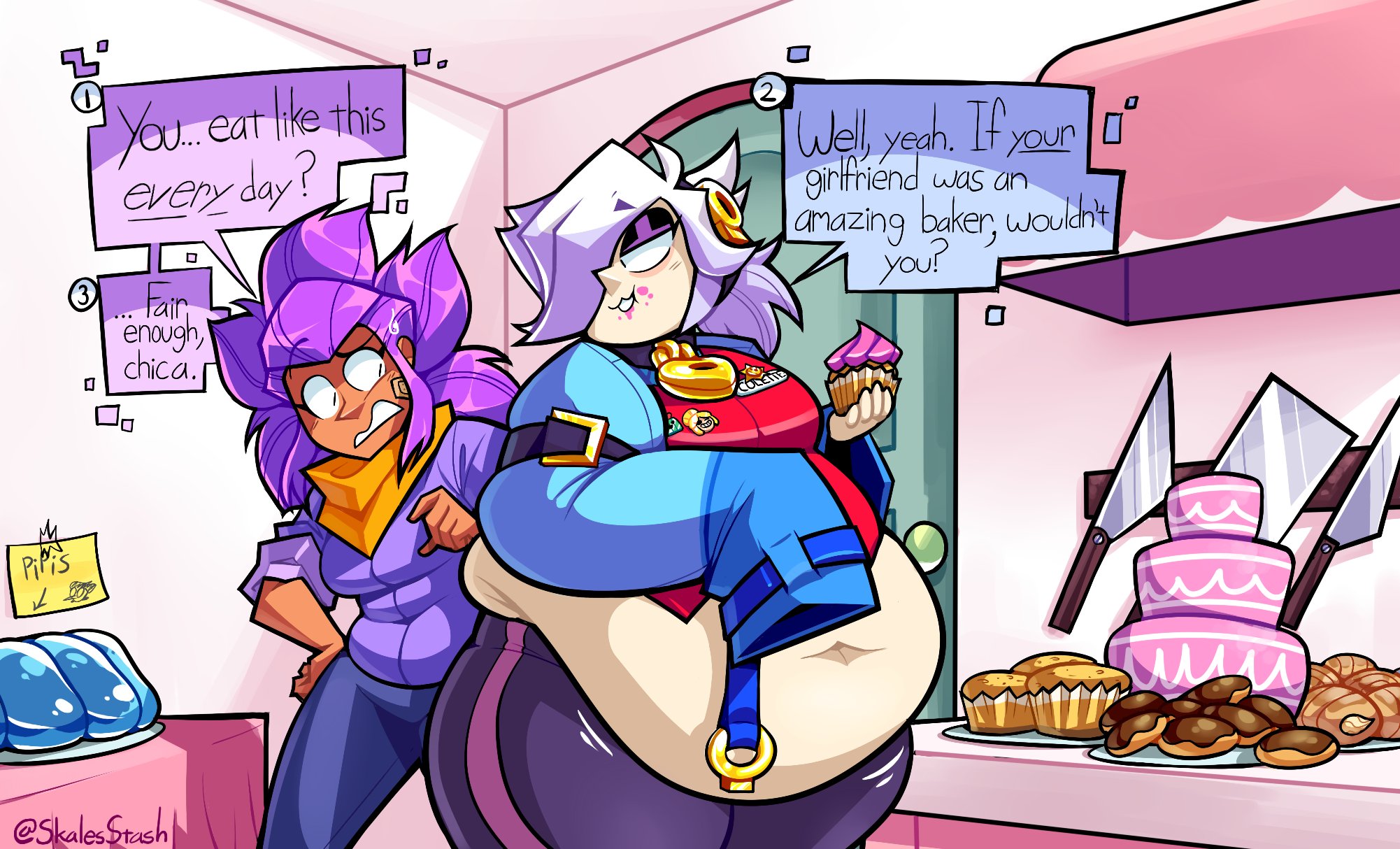 belly, brawl stars, chubby, chubby female, colette (brawl stars), fat ass, fattening, hungry, latina, obese, obese female, purple hair, sharp teeth, shelly (brawl stars), skalesstash, white hair