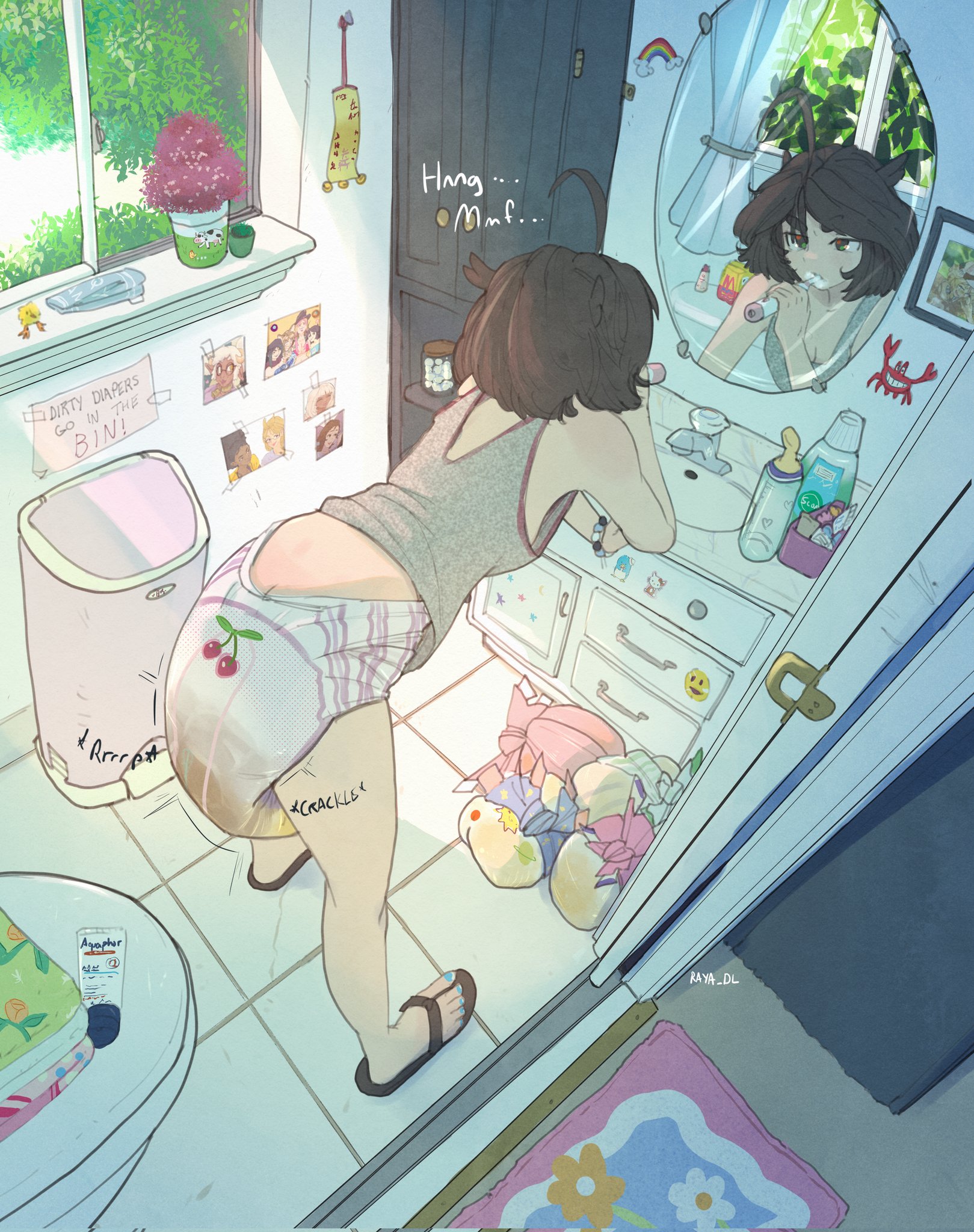 1girls, bathroom, brown hair, brushing teeth, diaper, leaning forward, messy diaper, raya dl, solo
