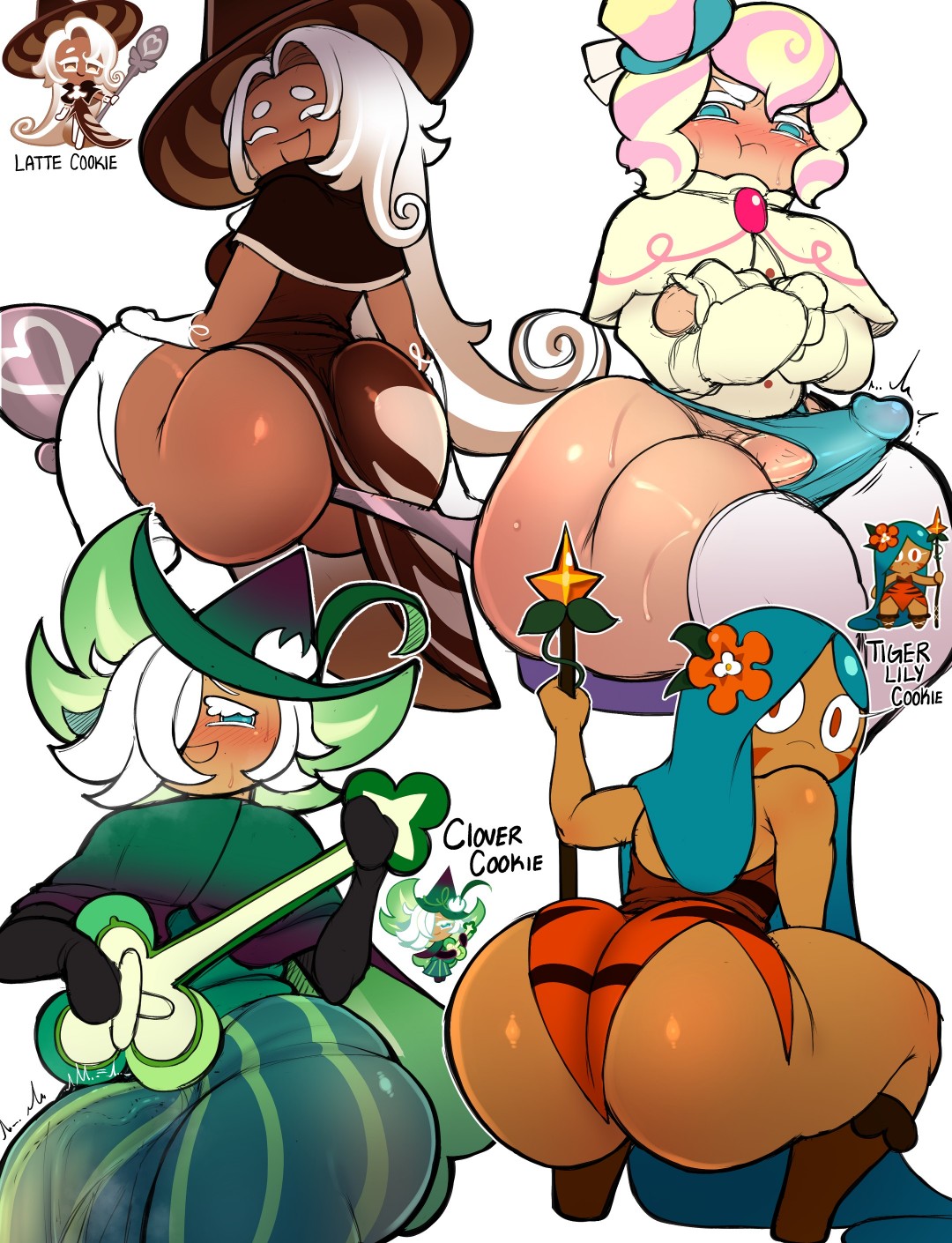 2boys, 2femboys, 2girls, ass, ass focus, big ass, blackwhiplash, blonde hair, blue hair, blush, clover cookie, cookie run, cookie run kingdom, dark skin, dark-skinned female, dark-skinned male, dress, erection, fat ass, female, femboy, hard on, latte cookie (cookie run), leotard, light skin, light-skinned male, long hair, no humans, panties, pants, pastel meringue cookie, penis, pink hair, quartet, short hair, thick thighs, thighhighs, thighs, tiger lily cookie, white hair