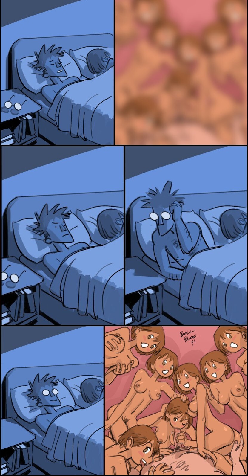 ass, au (artist), blowjob, boli-blog, breasts, brown hair, clone, comedy, dream, group sex, husband and wife, sketch