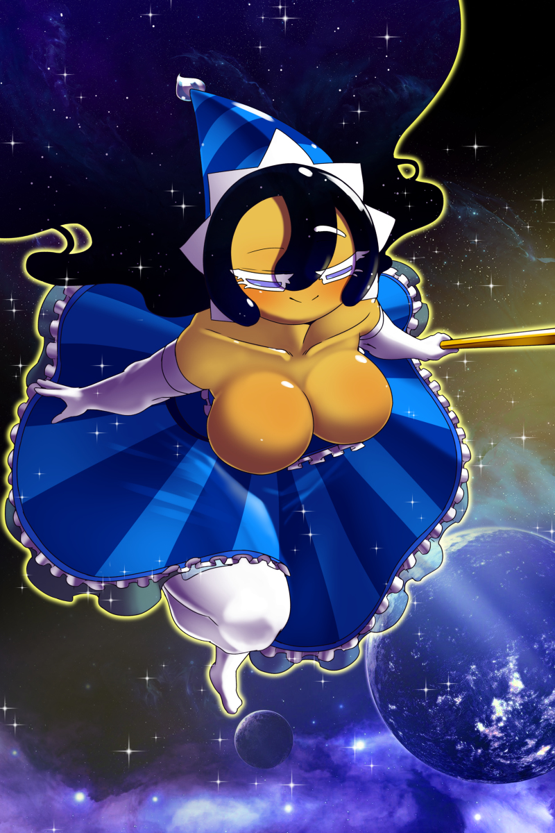 1girls, ballgown, big breasts, breasts out, cookie run, cookie run kingdom, detailed background, female, gown, hyper, hyper breasts, moonlight cookie, night sky, opqhlak, sleeves, space, spherical breasts, thick thighs, thighhighs