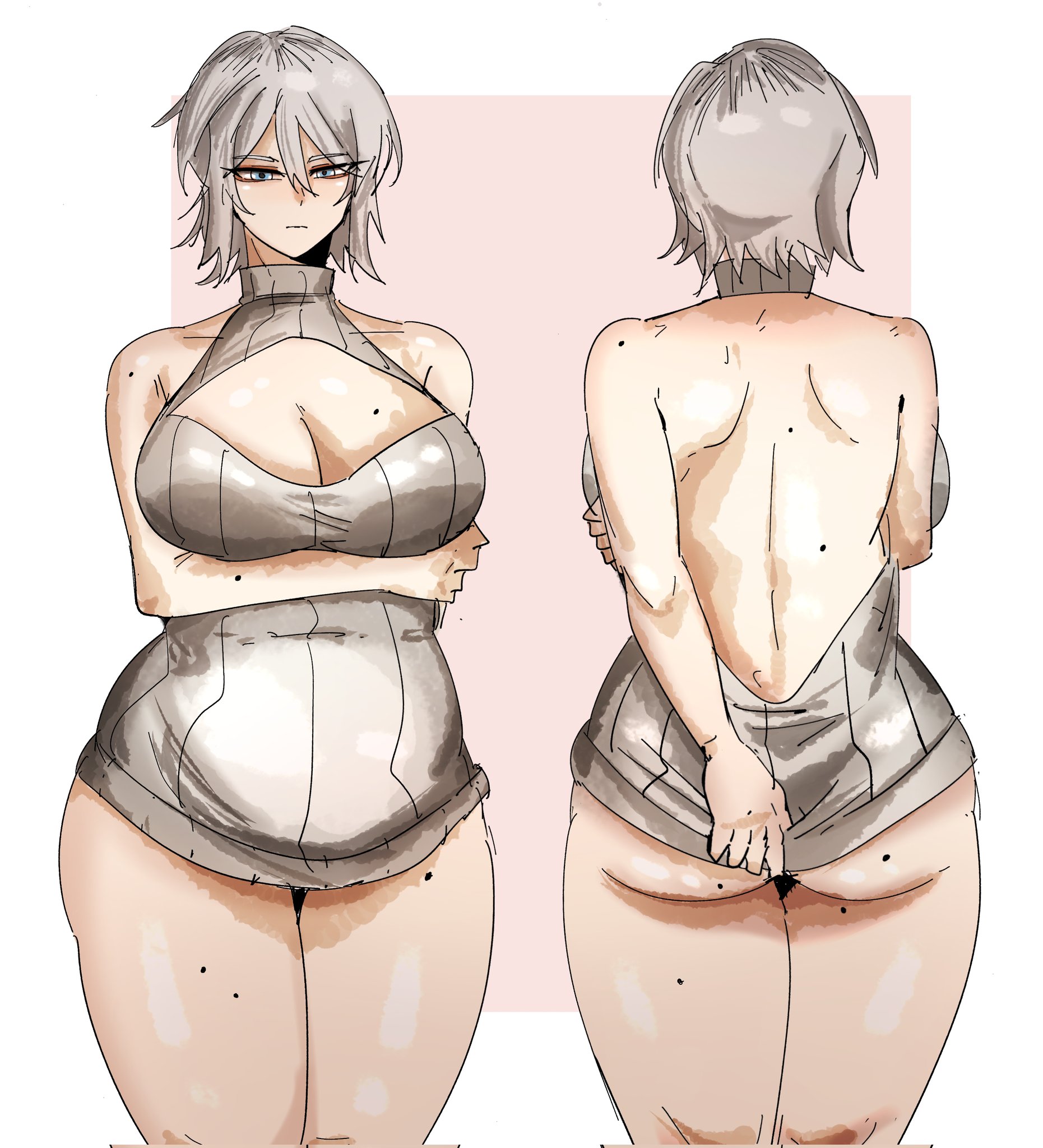 1girls, arczaeon, blue eyes, cleavage, faust (limbus company), female, female only, huge breasts, human, large breasts, limbus company, project moon, revealing clothes, short hair, solo, solo female, thick thighs, white hair