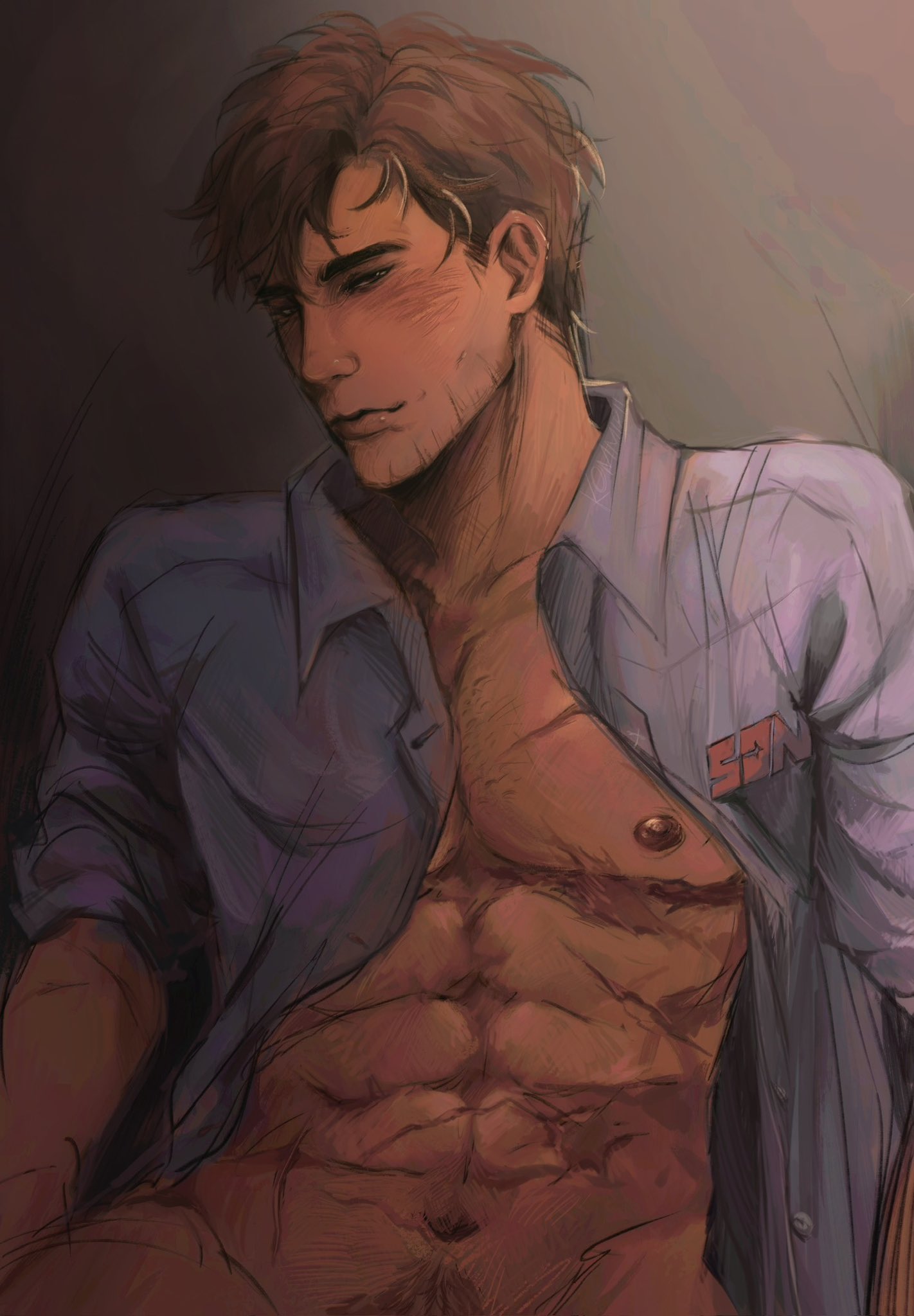 1boy, dispatch (game), kommipii, male, male only, muscular, muscular male, robert robertson, solo, unbuttoned, unbuttoned shirt