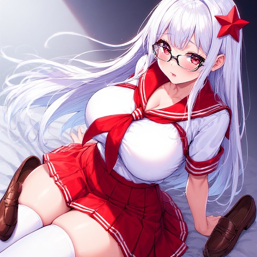 ai generated, big breasts, big thighs, glasses, hearts of iron 4, loji, red eyes, school uniform, silver hair, the fire rises (hoi4)