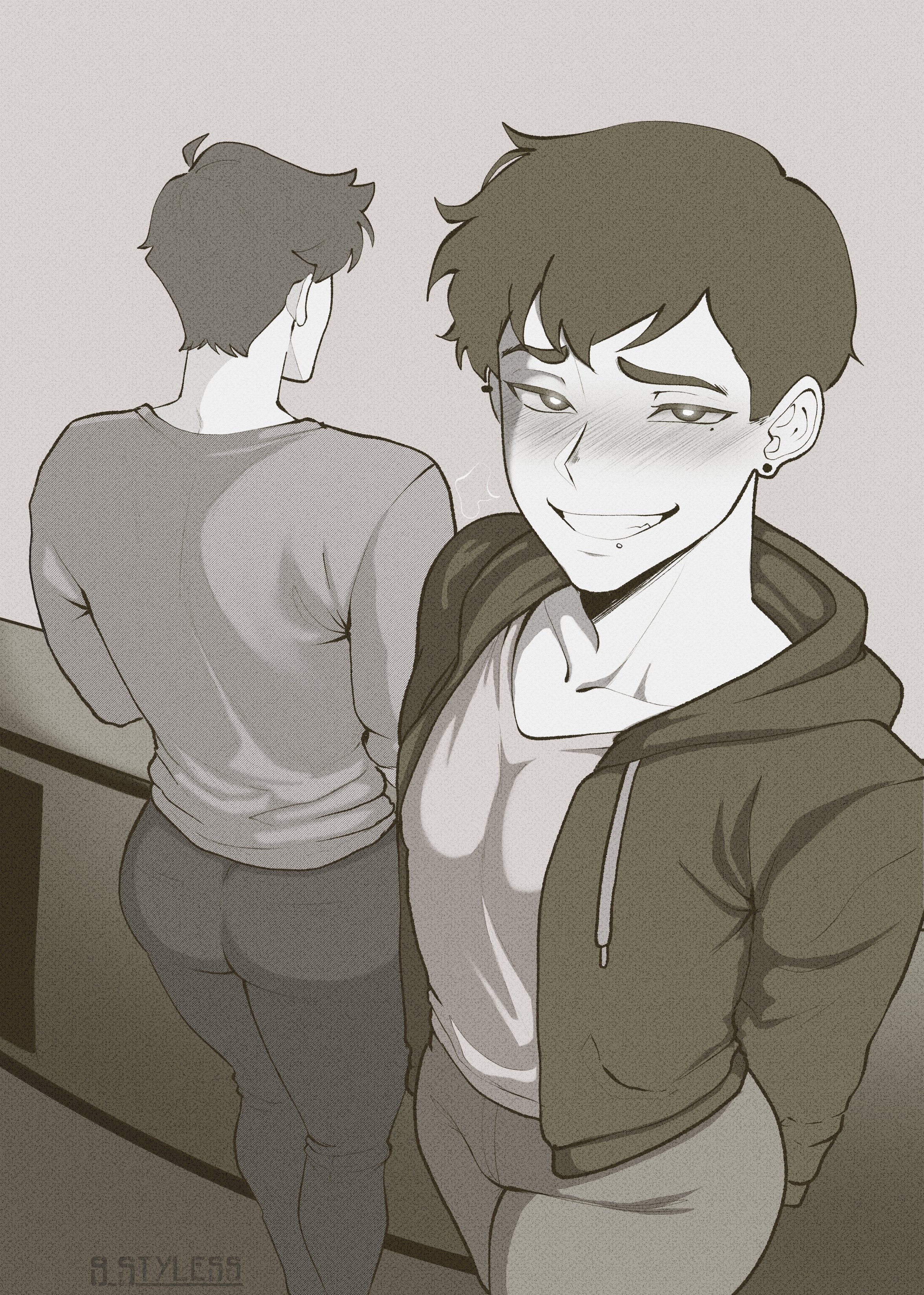2boys, 9 styless, ass, black hair, blush, horny male, looking at viewer, mole, mole under eye, monochrome, no visible genitalia, piercing, pretty boy, short hair, thick, thick ass, thick thighs, voluptuous male