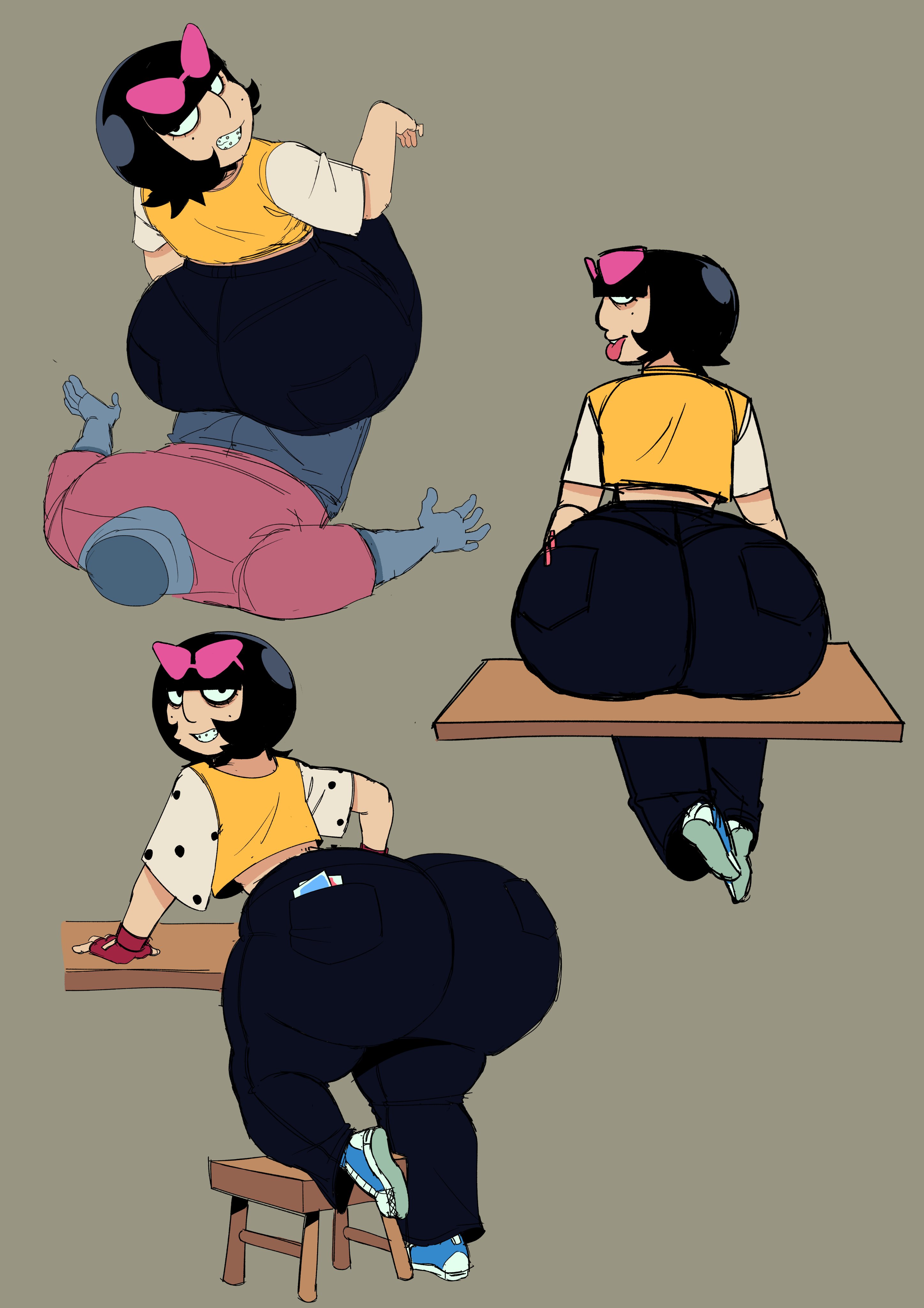 ass, ass focus, black jeans, braces, brawl stars, elpiromanias, fat ass, flirting, human, humanized, meeple (brawl stars), nonbinary, sitting on lap, sitting on person, teasing, wide hips