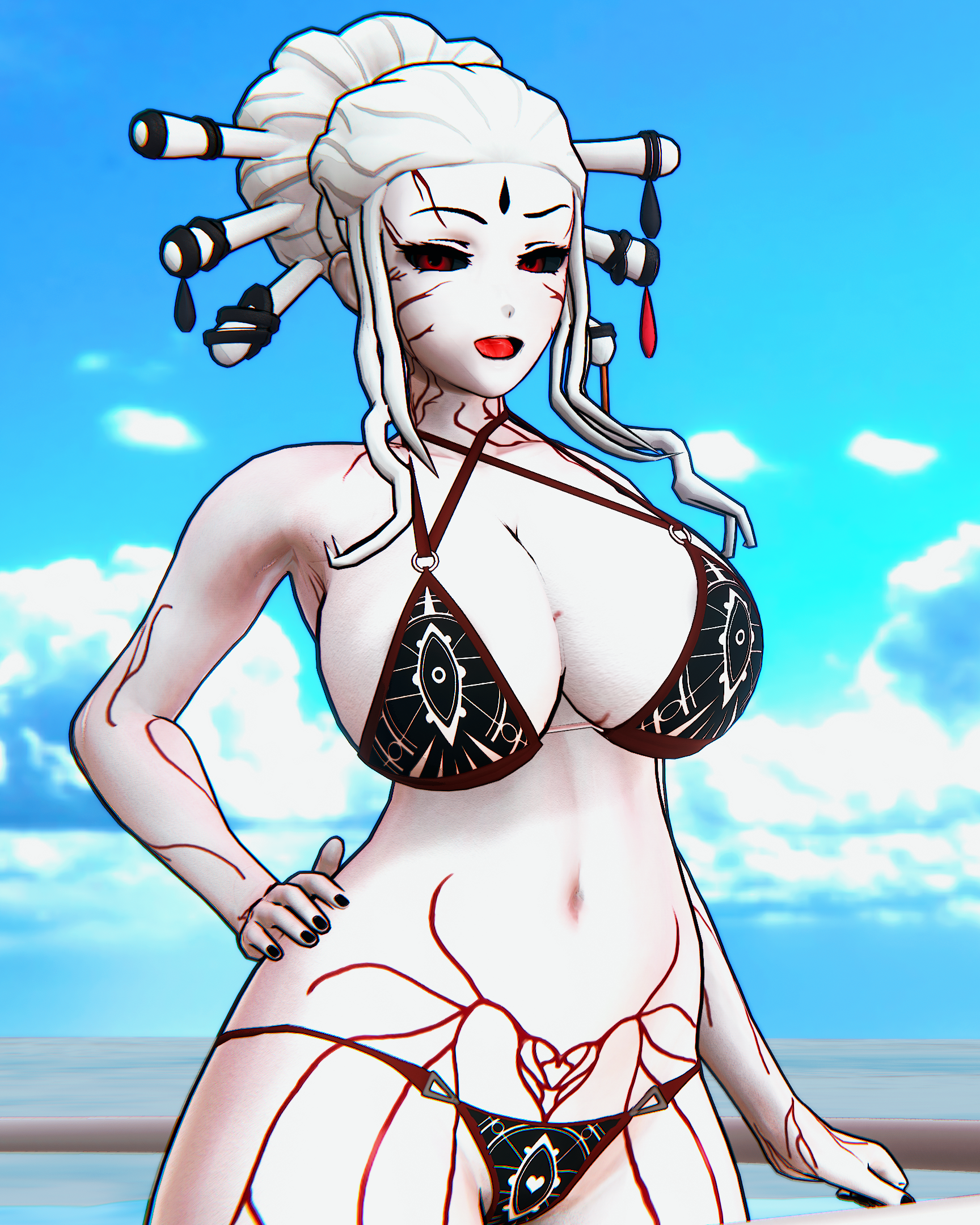 1girls, 3d, big breasts, bikini, bikini bottom, bikini top, breasts, half naked, half naked female, half-dressed, indrick (artist), red eyes, rwby, salem (rwby), white hair, white hair female