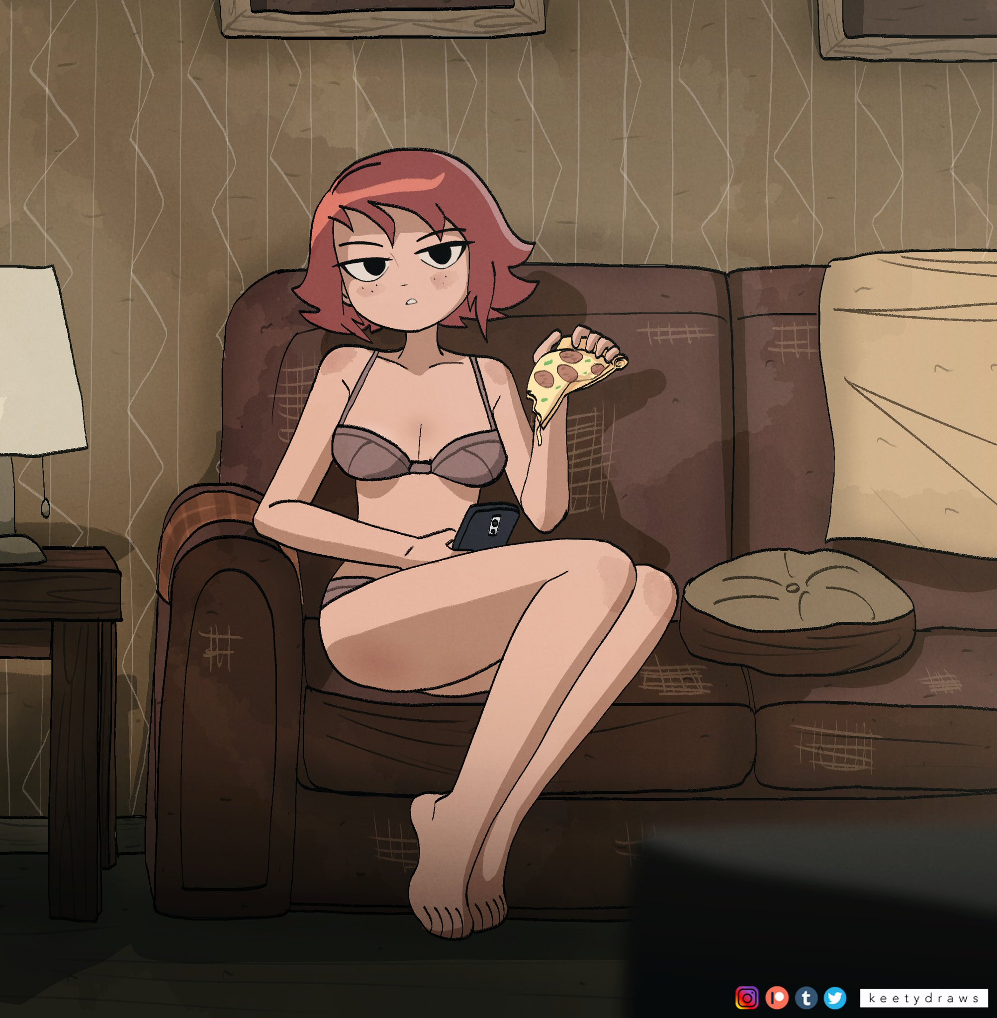 2d, auburn hair, female, female only, half naked, keetydraws, kim pine, looking at viewer, pizza, red hair, scott pilgrim, scott pilgrim takes off, sitting, sitting on couch, underwear, underwear only