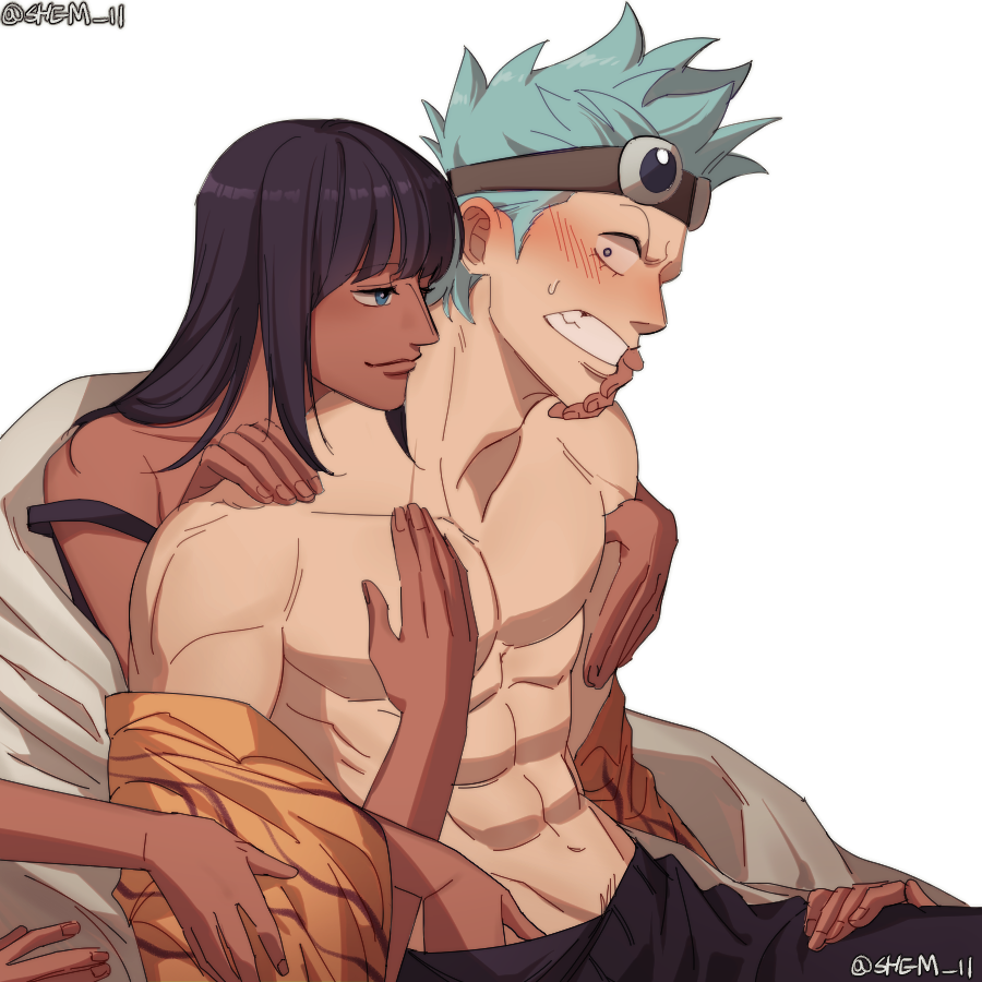 1boy, 1girls, abs, aged down, akuma no mi, black hair, black-haired female, blue hair, blue-haired male, blush, clenched teeth, embarrassed, female, franky, goggles, goggles on head, hana hana no mi, light skin, light-skinned male, looking back, male, medium hair, multi arm, multi limb, muscular, muscular male, nico robin, one piece, open shirt, pre-timeskip, shem art11, smile, sweatdrop, tan skin, tan-skinned female, time paradox