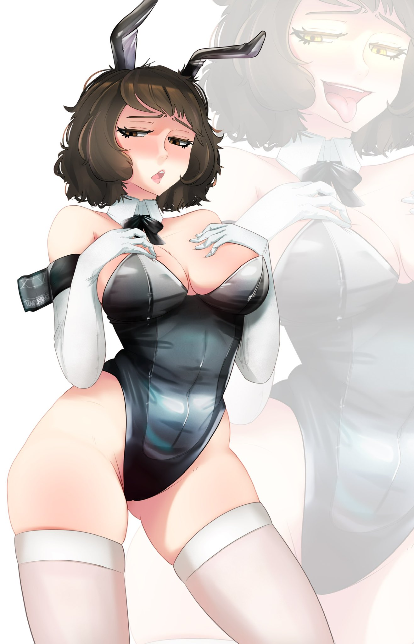 blysill, bunny ears, bunnysuit, cute, female, gloves, horny, kawakami sadayo, leotard, long gloves, persona, sadayo kawakami, thighhighs, voluptuous, white gloves, white long socks, wrist cuffs