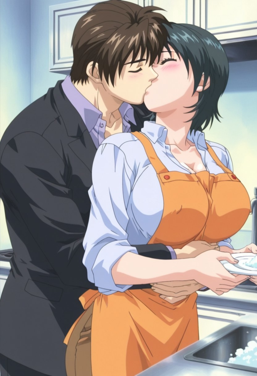 1boy, 1girls, accurate art style, adult, adult and teenager, adult female, age difference, ai generated, alternate costume, anime style, apron, before sex, bible black, black hair, brown pants, bursting breasts, busty, casual, casual clothes, cheating, cheating boyfriend, cleavage, consanguinity, cousins, erect nipples, erect nipples under clothes, faithful to the anime, fancy, fancy clothing, female, grabbing from behind, head tilt, horny, horny female, hourglass figure, hourglass figured female, huge breasts, hugging, hugging from behind, humping, imminent sex, incest, incestuous, incestuous desire, incestuous kiss, indoors, jacket, kitchen, making out, male, male/female, minase taki, minase yukiko, nipple bulge, official alternate costume, older female, older female and younger male, orange apron, pants, passionate, passionate kiss, purple shirt, retro artstyle, romance, romantic, romantic couple, shirt, short hair, sibling incest, sibling romance, siblingcest, siblings, siblings with benefits, sink, sister wife, sleeves rolled up, straight, suit, teen, teenage boy, teenager, unbuttoned, unbuttoned shirt, washing dishes, wholesome, young adult, young adult female, younger male