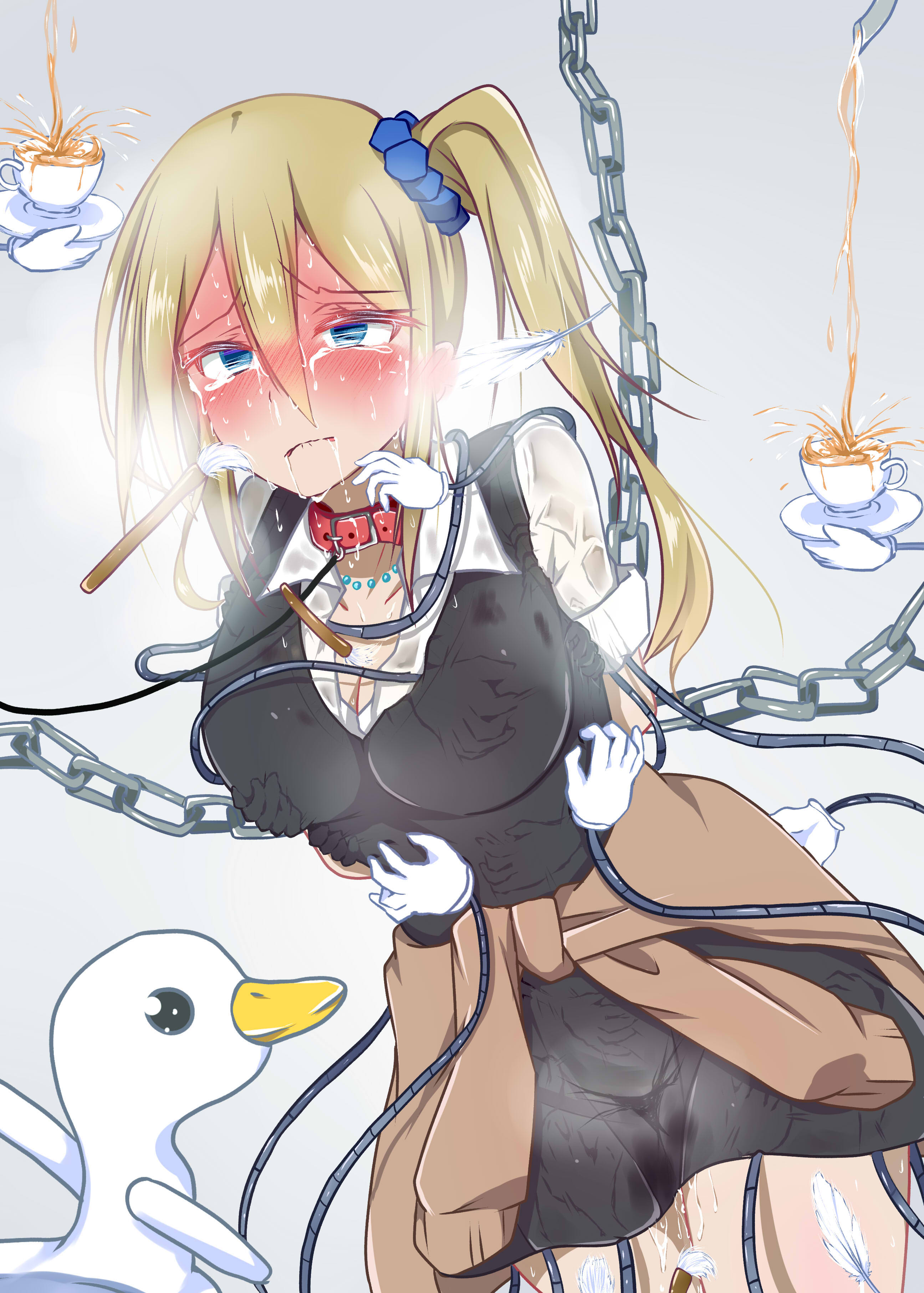 1girls, blonde hair, blue eyes, blush, bondage, breasts, cleavage, female, hand under clothes, have to pee, hayasaka ai, kaguya-sama wa kokurasetai ~tensai-tachi no renai zunousen~, kuzumotu, large breasts, leaking, leaking urine, pee holding, pee holding torture, resisting urination, skirt, sweat, sweater, sweater around waist, tickle torture, tickling, torture, wet