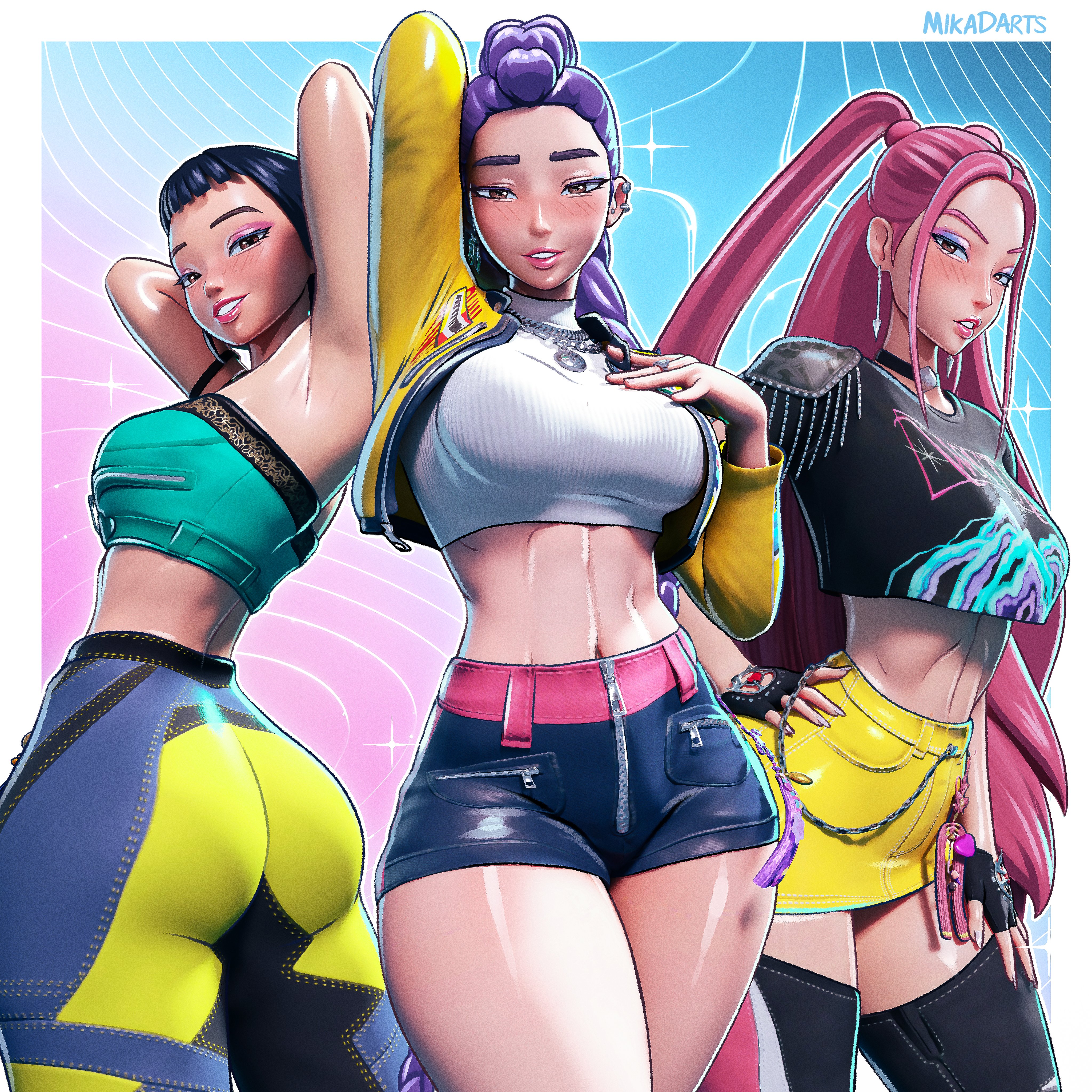 3girls, armpits, arms behind head, arms up, asian, asian female, asking for it, bandeau, big ass, big breasts, big butt, black boots, black hair, boots, braided hair, braided ponytail, bubble ass, bubble butt, crop top, cropped shirt, eyeshadow, female, female only, fingerless gloves, fortnite, fortnite: battle royale, fully clothed, glossy, glossy body, glossy lips, glossy skin, jerkoff visual assistance, korean, korean female, kpop demon hunters, light body, light skin, light-skinned female, lilac hair, lipstick, long fingernails, long nails, looking at viewer, looking back at viewer, looking down, m, magenta hair, makeup, medium breasts, mikadawn, miniskirt, mira (kpop demon hunters), multiple girls, nail polish, normal breasts, open jacket, painted fingernails, painted nails, pants, pink hair, posing, posing for the viewer, presenting, presenting ass, presenting hindquarters, purple hair, red hair, revealing clothes, round ass, round breasts, round butt, rubber clothing, rumi (kpop demon hunters), seducing, seductive, seductive body, seductive eyes, seductive female, seductive gaze, seductive look, seductive mouth, seductive pose, seductive smile, short shorts, shorts, skirt, solo, solo female, solo focus, thick ass, thick butt, thick hips, thick legs, thick lips, thick thighs, thigh boots, tight clothes, tight clothing, tight pants, tight skirt, top, tube top, tubetop, zoey (kpop demon hunters)