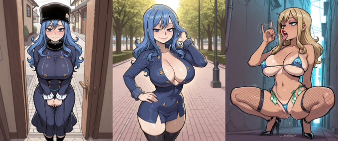 ai generated, before and after, bimbofication, comic, fairy tail, female, female only, juvia lockser, kinia, lucy heartfilia