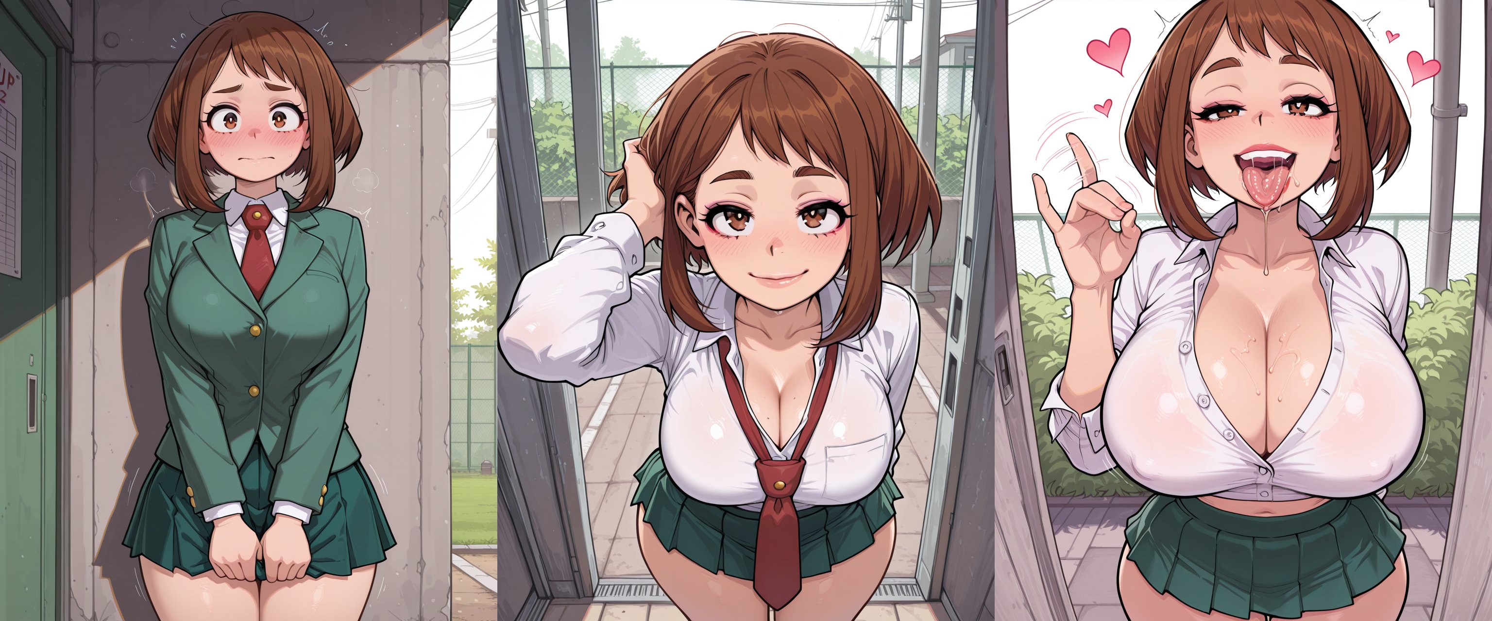 ai generated, before and after, big breasts, bimbo, bimbo body, bimbofication, bimbofied, boku no hero academia, comic, comic panel, fellatio gesture, female, female only, kinia, my hero academia, ochako uraraka, school uniform, uraraka ochako
