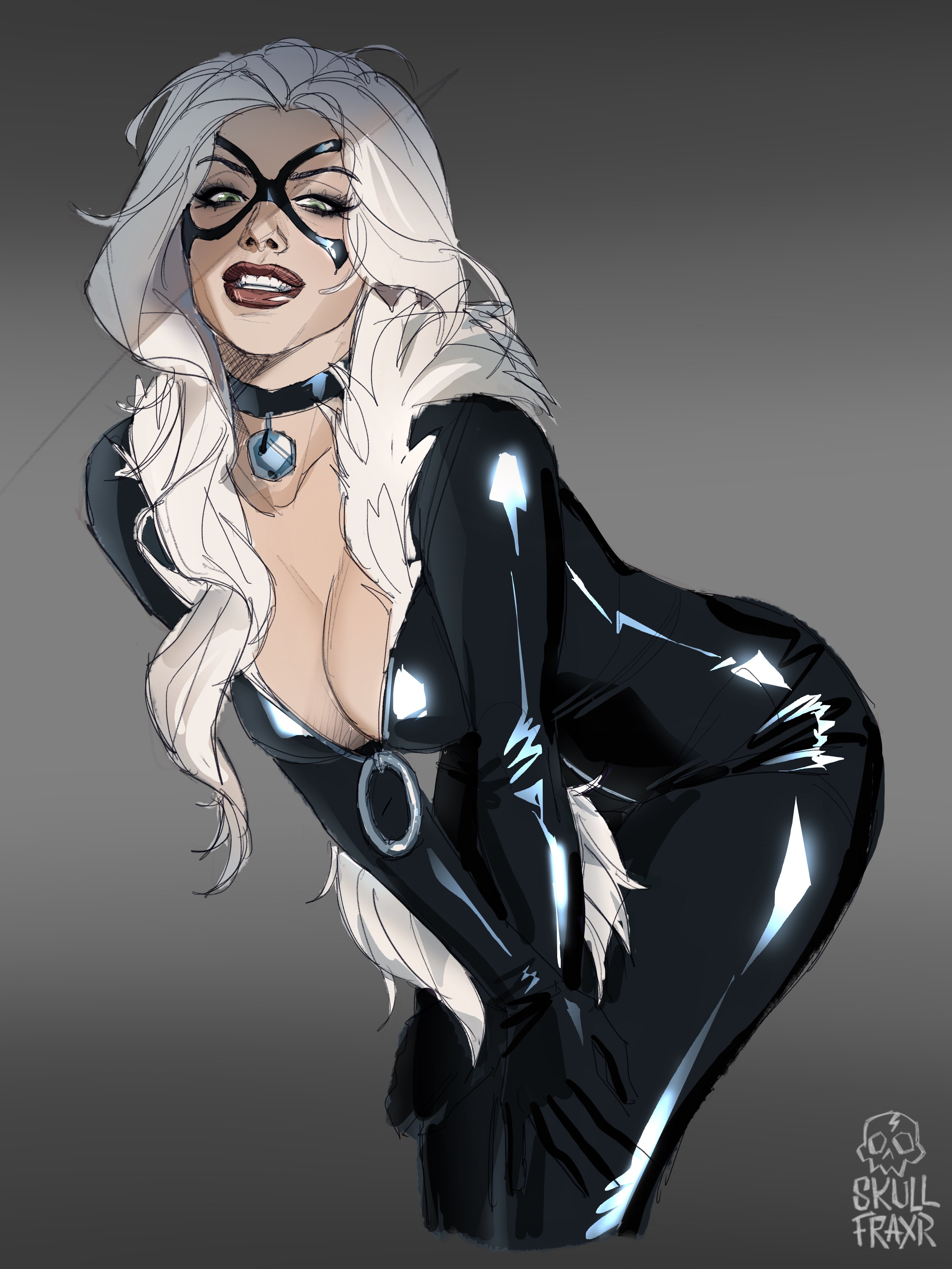 1girls, 2026, black bodysuit, black cat (marvel), black catsuit, black choker, bodysuit, catsuit, choker, cleavage, domino mask, felicia hardy, female, fur trim, green eyes, leaning forward, lips, marvel, marvel comics, medium breasts, shiny, shiny clothes, skin tight, skull fraxr, smile, spider-man (series), tight clothes, tight clothing, white hair