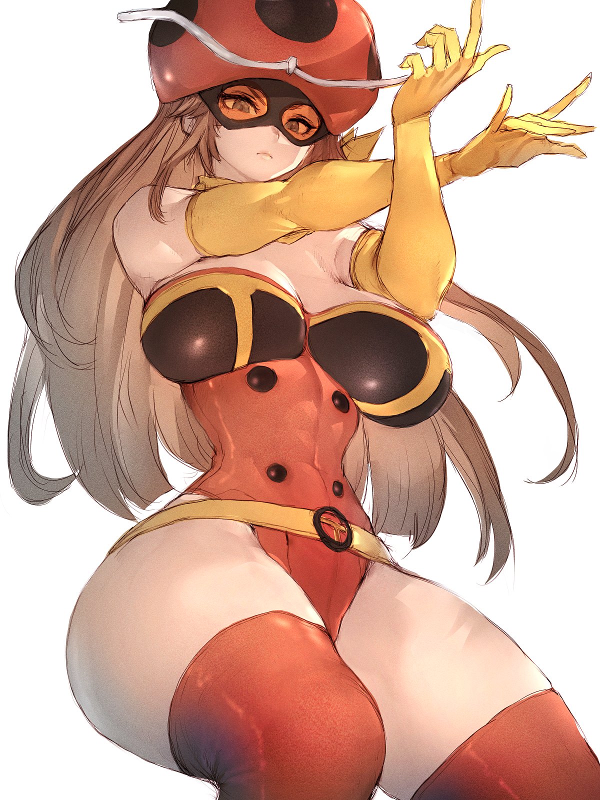 belt, big breasts, breasts, brown hair, closed mouth, curvy, elbow gloves, electro wave human tackle, female, fumio (rsqkr), gloves, helmet, highres, human, kamen rider, large breasts, leotard, long hair, muscular, muscular female, okada yuriko, orange-tinted eyewear, red helmet, red leotard, red thighhighs, simple background, sitting, solo, superheroine, thighhighs, tinted eyewear, toujima tanzaburou wa kamen rider ni naritai, white background, yellow belt, yellow gloves