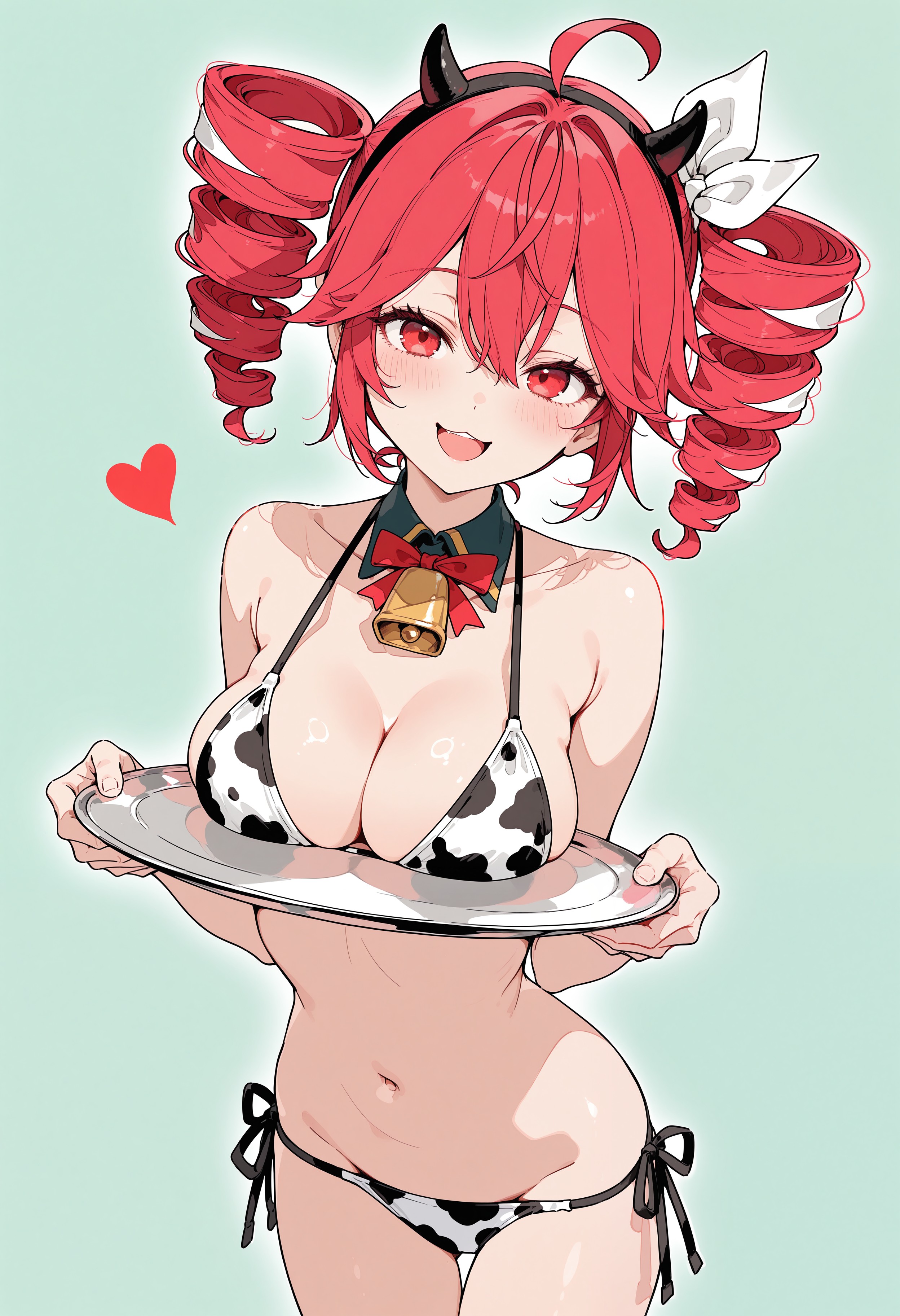 :3, 1girls, ahoge, ai generated, armpit crease, bell, bell collar, belly, big breasts, blush, blush lines, breasts, breasts on plate, breasts on tray, cleavage, collar, cow horns, cow horns headband, cow print, cow print bikini, female, female only, hair ornament, hairbow, headband, heart, heart symbol, holding plate, inviting, kasane teto, kasane teto (sv), large breasts, looking at viewer, micro bikini, midriff, navel, open mouth, petite, petite body, petite female, presenting, presenting breasts, red eyes, red hair, shiny skin, side-tie bikini, simple background, skinny, skinny female, slim girl, slim waist, smile, solo, solo female, synthesizer v, tetogallery, thigh gap, thighs, tray, twin drills, utau, wide hips
