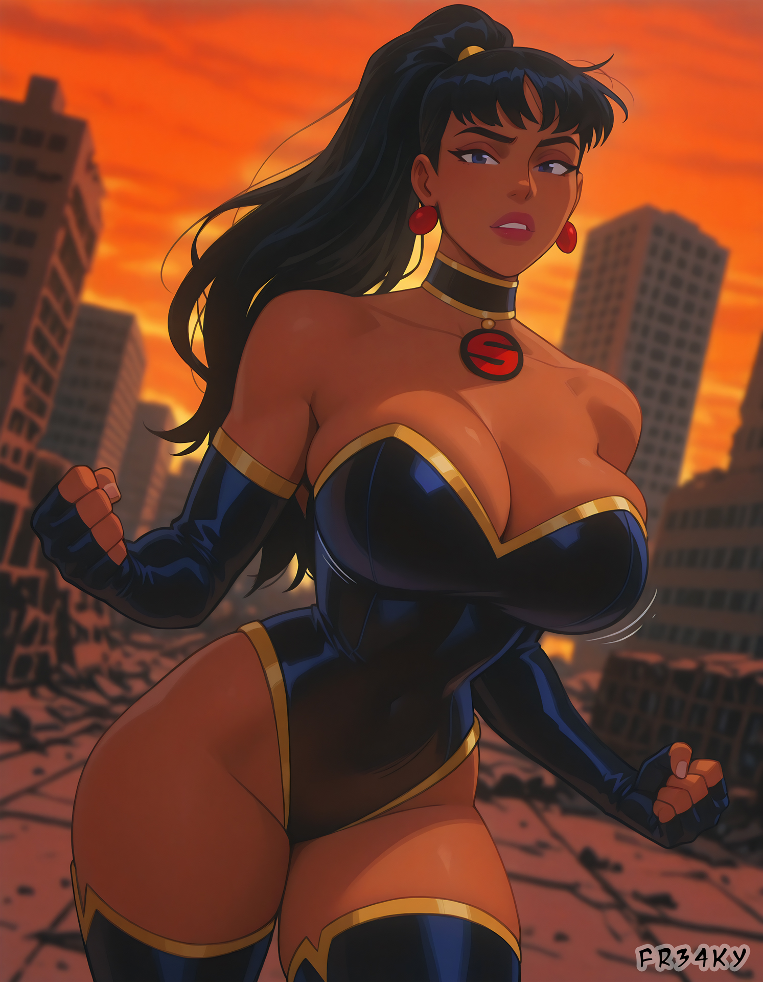 1girls, ai generated, big breasts, black elbow gloves, black fingerless gloves, black gloves, black hair, black leotard, blue eyes, breasts, city, cleavage, dark skin, dark-skinned female, dc, dc comics, elbow gloves, female, female only, fingerless gloves, fr34ky, gloves, huge breasts, justice league: crisis on two earths, large breasts, leotard, long hair, mary batson, ponytail, ruins, superheroine, superwoman, superwoman (mary batson), wide hips