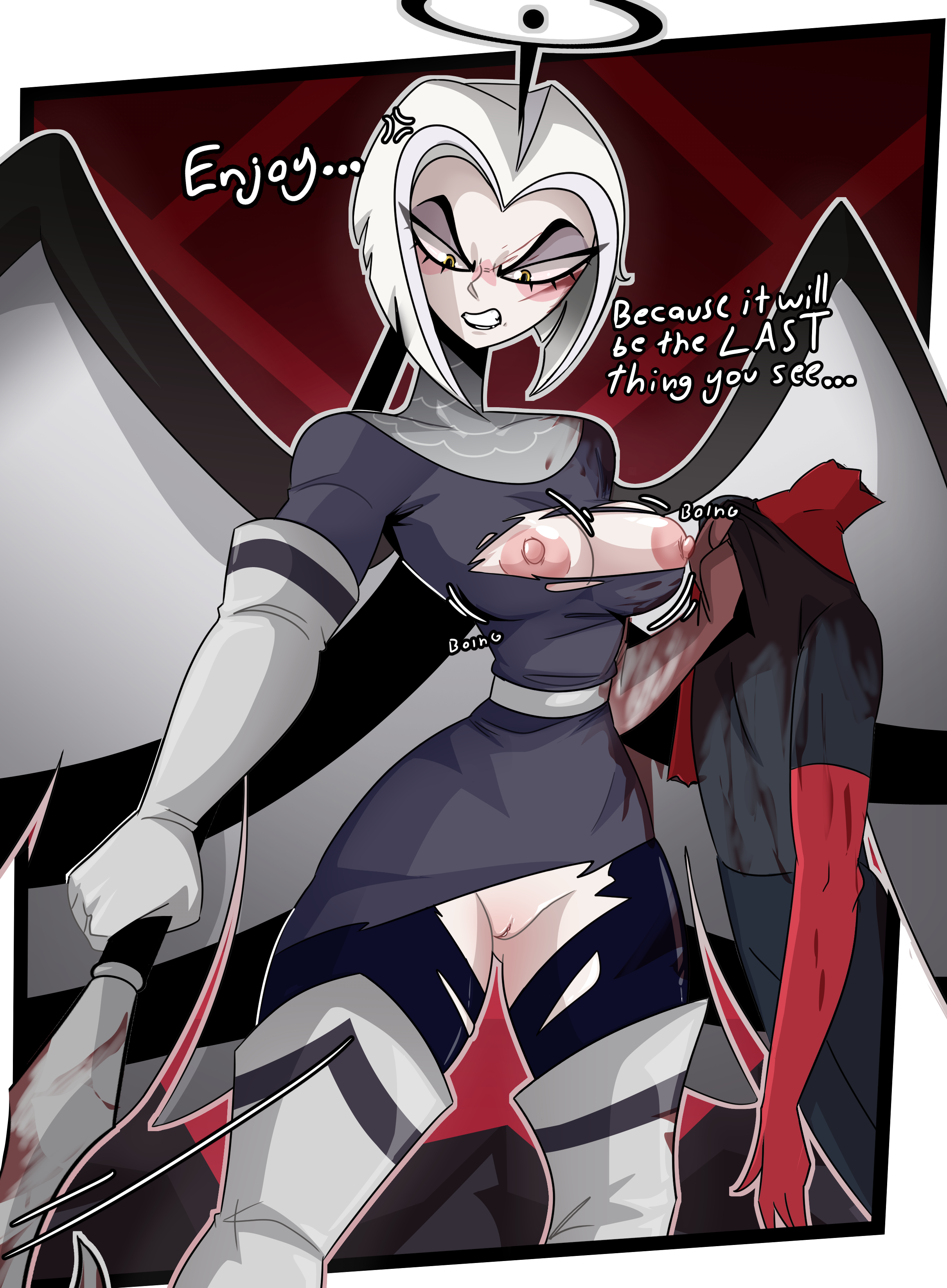 1girls, angel, angel girl, angel wings, aureola, bare breasts, bare pussy, blood, blush, breasts, cadaver, clothed, clothing, color, dami ribbon, english text, female, female focus, female only, hazbin hotel, hell, hi res, light skin, light-skinned female, lute (hazbin hotel), nipples, pussy, short hair, solo, solo female, tagme, text, thick thighs, vivienne medrano, white hair