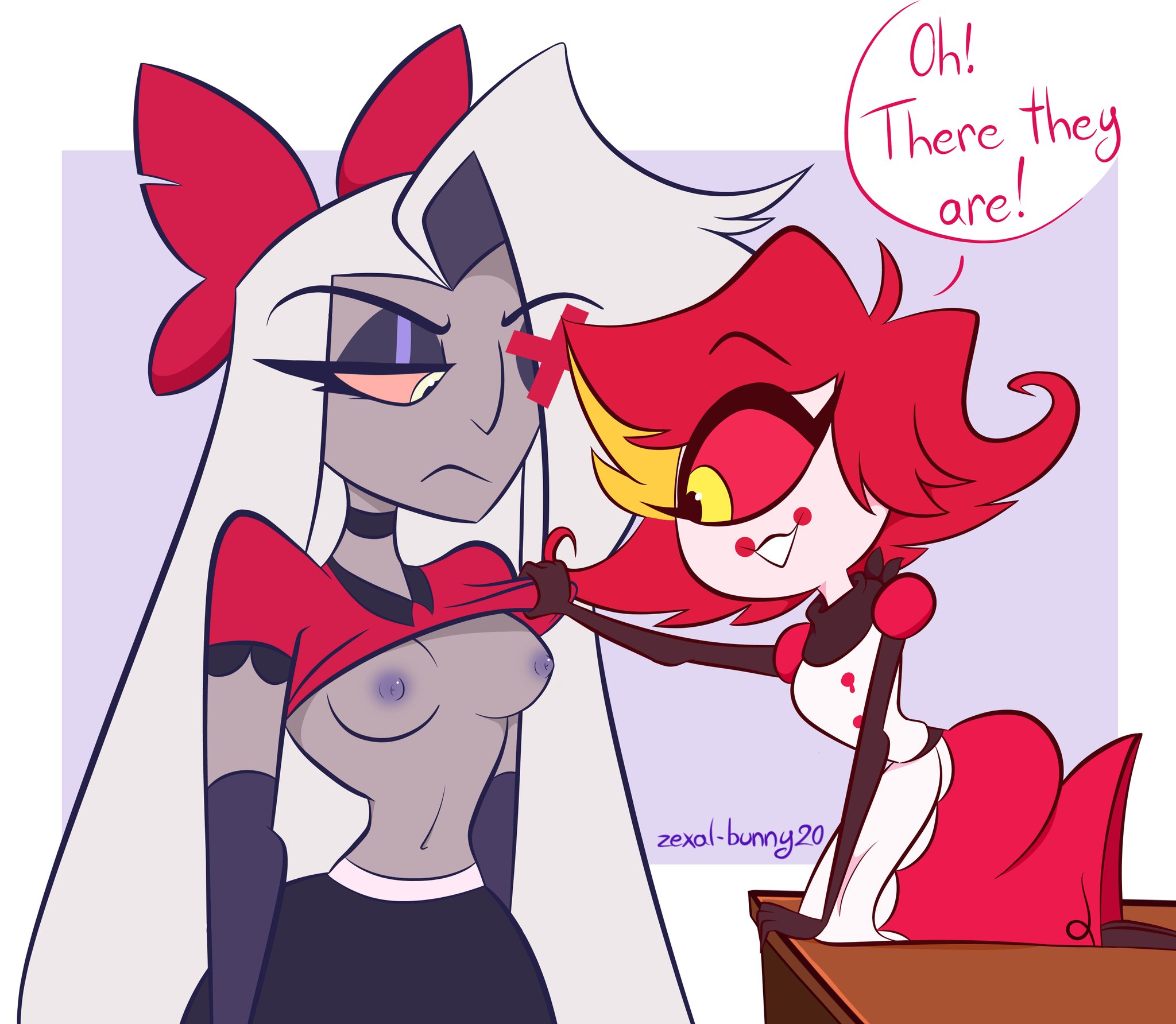 2girls, angel, breasts, clothed, clothing, cyclops, demon, dialogue, english text, female, female only, female/female, grey body, hazbin hotel, niffty, nipples, open mouth, open smile, partially clothed, red eyes, red hair, smile, vaggie (hazbin hotel), white hair, yuri, zexal-bunny20
