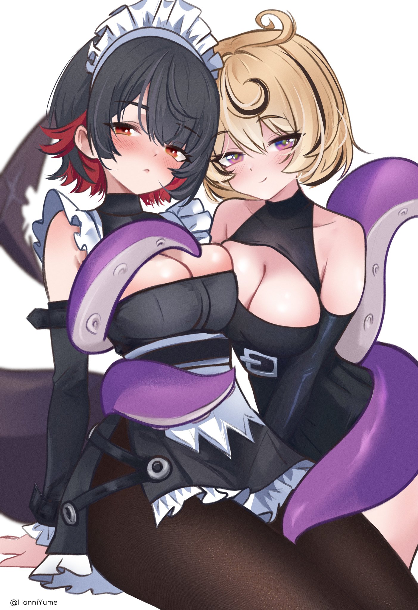 2girls, apron, belt, belt buckle, big breasts, big thighs, black hair, blonde hair, blush, boob window, breast frottage, breast squish, breasts, cleavage, clothed, clothing, ellen joe, exposed shoulders, exposed thighs, female, frills, haniyume, headwear, hoyoverse, looking at viewer, maid, maid headdress, maid uniform, molestation, multicolored eyes, multicolored hair, octopus girl, red eyes, shark girl, shark tail, short hair, smile, stockings, suction cups, tentacle, tentacle around torso, tentacle around waist, tentacle molestation, tentacle on leg, tentacle tail, tentacles on female, white background, yidhari murphy, yuri, zenless zone zero