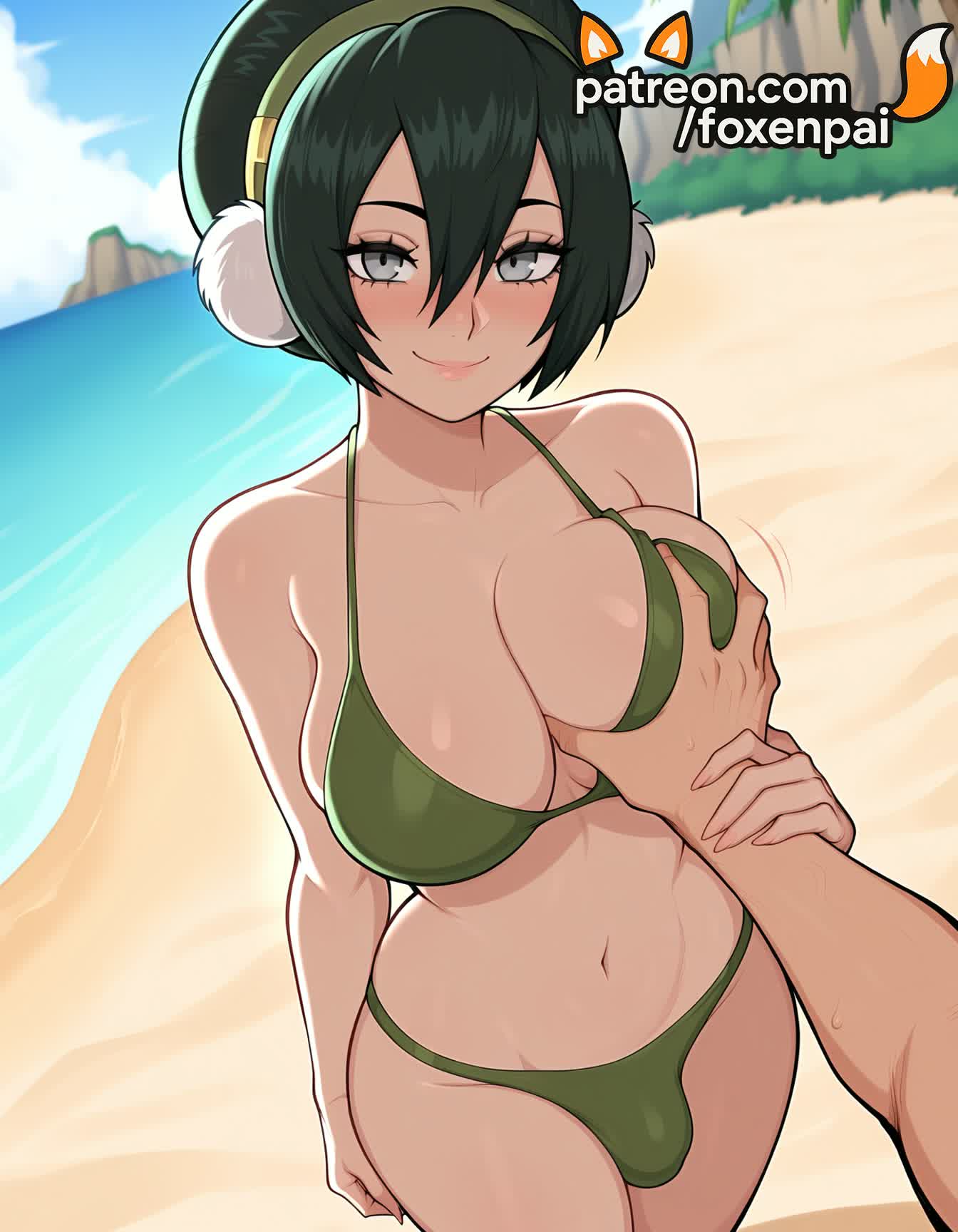 1boy, 1futa, 2025, ai generated, artist name, avatar legends, avatar the last airbender, beach, bikini, blue sky, blush, breast grab, breasts, bulge, bust, chest, cloud, day, deep skin, female, foxenpai, futa with male, futanari, grabbing, green bikini, groping, hair between eyes, hi res, high quality, high resolution, highres, intersex, looking at viewer, male, navel, ocean, outdoors, patreon, patreon username, pov, sand, shore, short hair, sky, smile, solo focus, stable diffusion, straight, swimsuit, toph bei fong, water, watermark