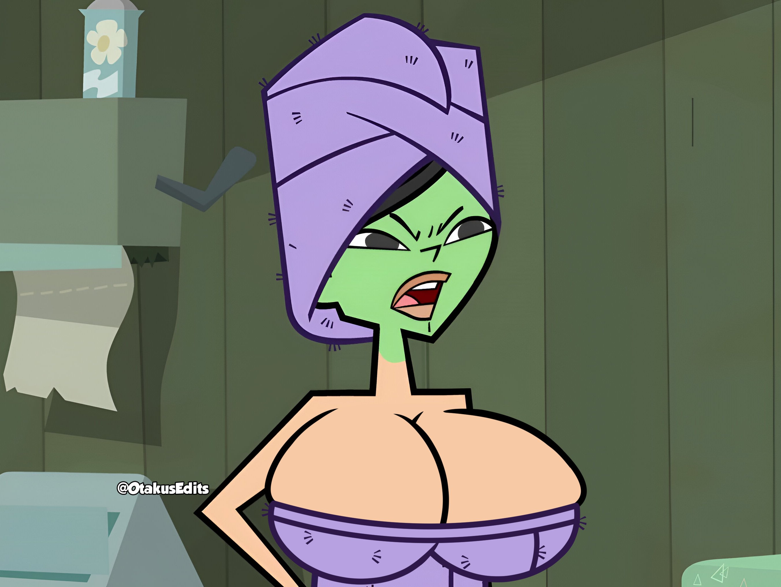 2d, accurate art style, busty, cleavage, female, female focus, female only, heather (tdi), mud mask, otakusedits, total drama island, towel, towel around waist, towel only
