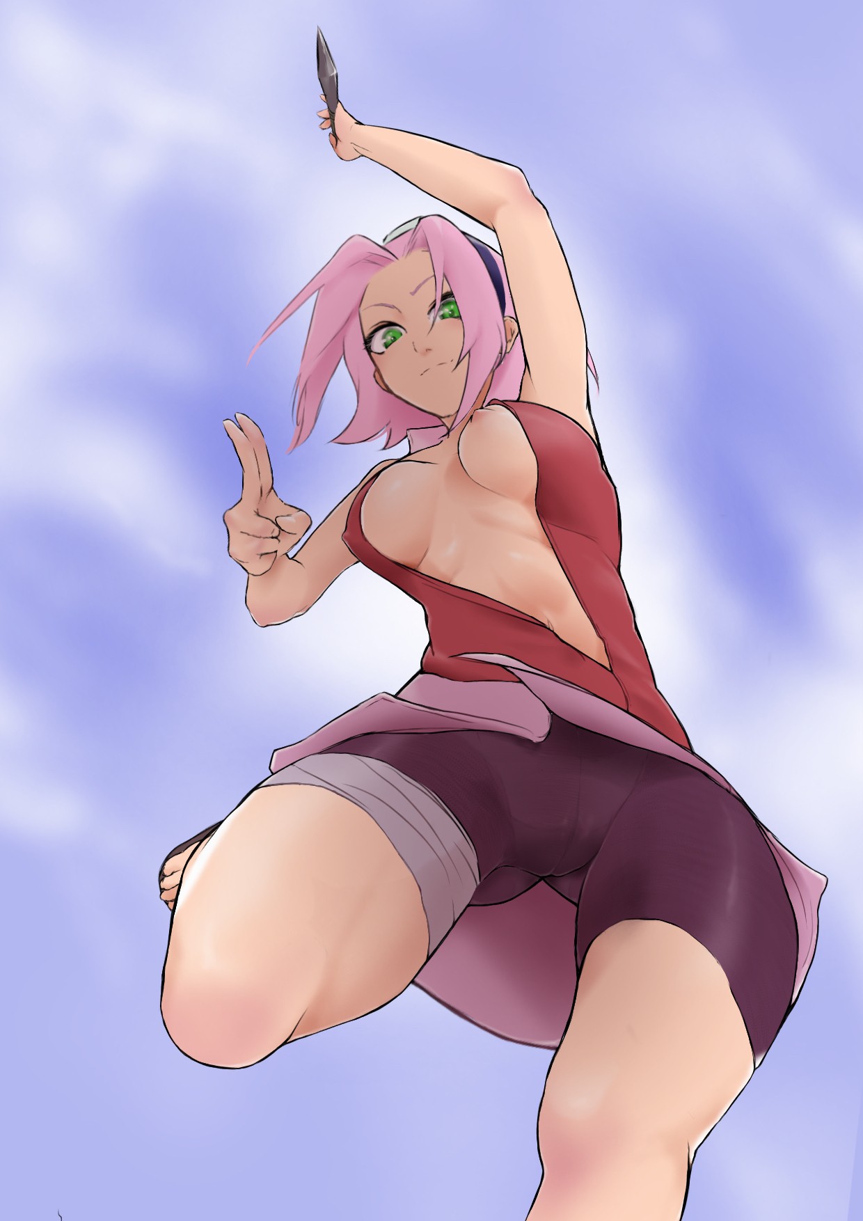 1girls, alternate breast size, areola slip, areolae, areolae slip, arm above head, arm up, armpits, belly, belly button, big breasts, black shorts, blue background, blue sky, breasts, busty, busty female, closed mouth smile, clouds, collarbone, day, daylight, daytime, digital, digital art, digital drawing, digital drawing (artwork), digital media, digital media (artwork), elbows, female, female focus, female only, fingers, green eyes, green-eyed female, groin, hand above head, hand up, head tilt, headband, high resolution, highres, hourglass figure, inguinal crease, inguinal ligament, jumping, kunai, large boobs, large breasts, lean figure, linea alba, looking at viewer, looking down, looking down at viewer, midriff, muscular, muscular thighs, narrow waist, naruto, naruto (series), naruto shippuden, navel, nipple bulge, nipple slip, nipples, parted bangs, partially exposed vulva, partially visible vulva, pink eyebrows, pink hair, pink-haired female, pixiv id 74411726, plump breasts, pussy, ribs, sakura haruno, short hair, shorts, shoulders, sidelocks, simple background, sky, slender body, slender waist, slim waist, smile, smiley face, smiling, smiling at viewer, smirk, solo, stomach, thick thighs, thigh gap, thighs, tilted head, uncensored breasts, uncensored nipples, underboob, upper body, wide hips