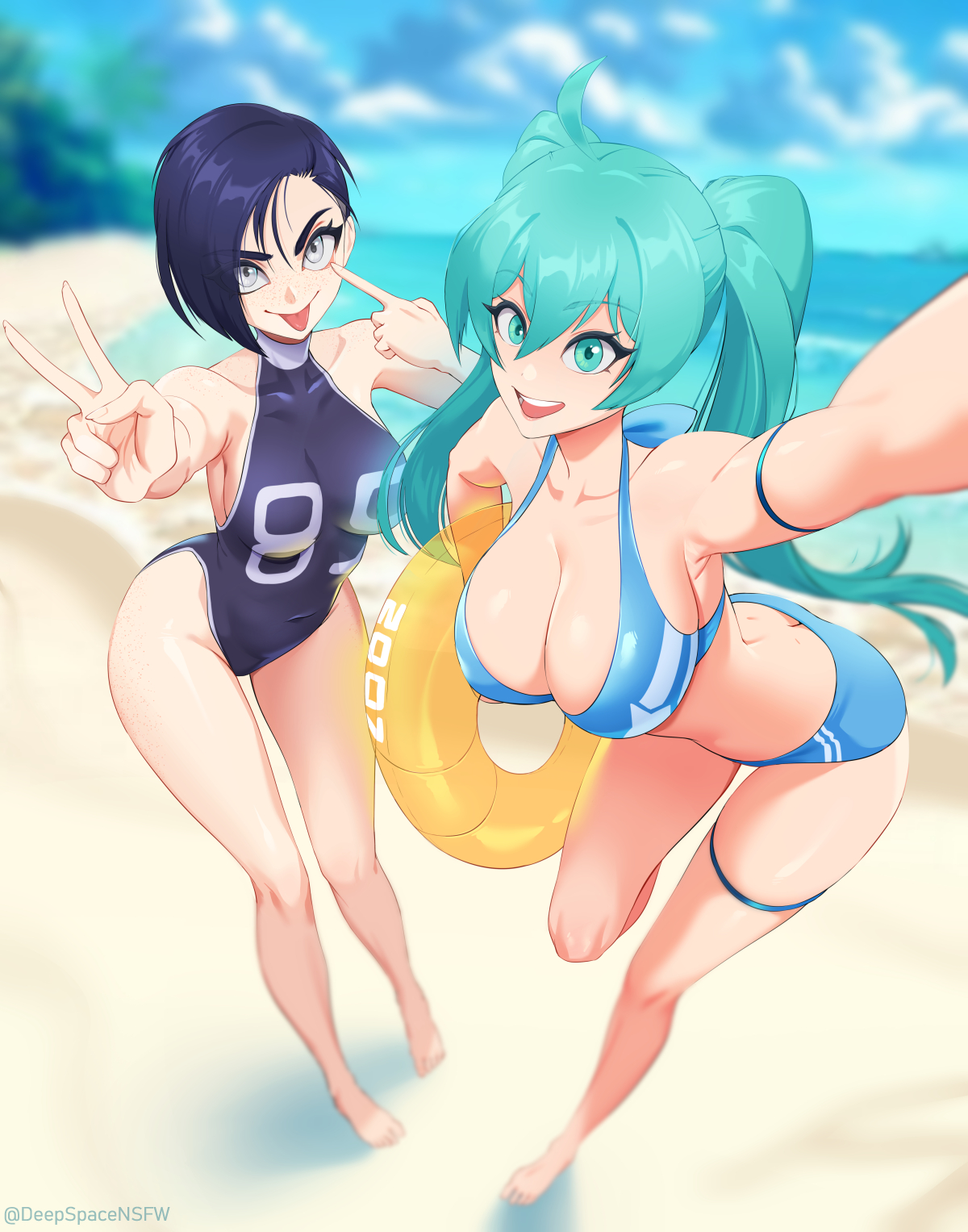 2girls, akanbe, aqua hair, bangs, barefoot, beach, big breasts, bikini, black hair, blep, blue bikini, blue hair, blurry, breasts, cleavage, collarbone, covered navel, dark blue hair, day, deepspace, female, female only, freckles, green eyes, green hair, grey eyes, hair between eyes, hatsune miku, innertube, large breasts, light green eyes, light green hair, long hair, looking at viewer, multiple girls, nova (deepspace), one-piece swimsuit, open mouth, original, outdoors, pinup, seaside, self upload, selfie, short hair, sky, smile, smiling, smiling at viewer, swimsuit, swimwear, tongue, tongue out, twintails, v, v sign, vocaloid