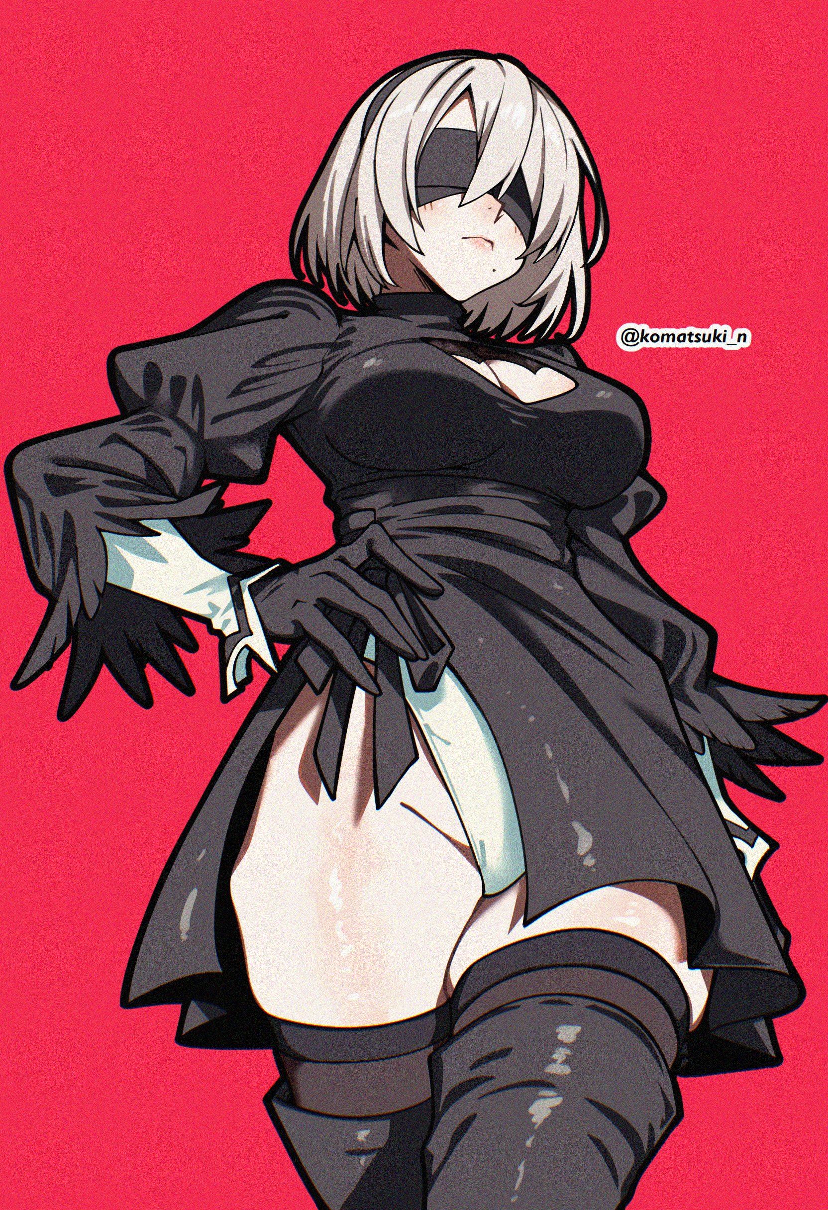 1girls, black blindfold, black dress, black gloves, black hairband, black legwear, blindfold, blush, blushing, boots, breasts, covered eyes, dress, feather-trimmed sleeves, female, female only, gloves, hairband, highleg leotard, juliet sleeves, komatsuki n, leotard, long sleeves, medium breasts, mole, mole under mouth, puffy sleeves, red background, short hair, silver hair, solo, thigh boots, thighhighs, thighhighs under boots, thighs, twitter username, two-sided fabric, white hair, white leotard, yorha 2b