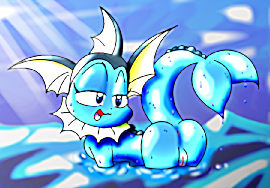 anus ass blue_eyes eeveelution female half-closed_eyes looking_back nintendo pokémon_(species) pokemon pokemon_(species) psyredtails pussy raised_tail solo tail vaporeon water wet