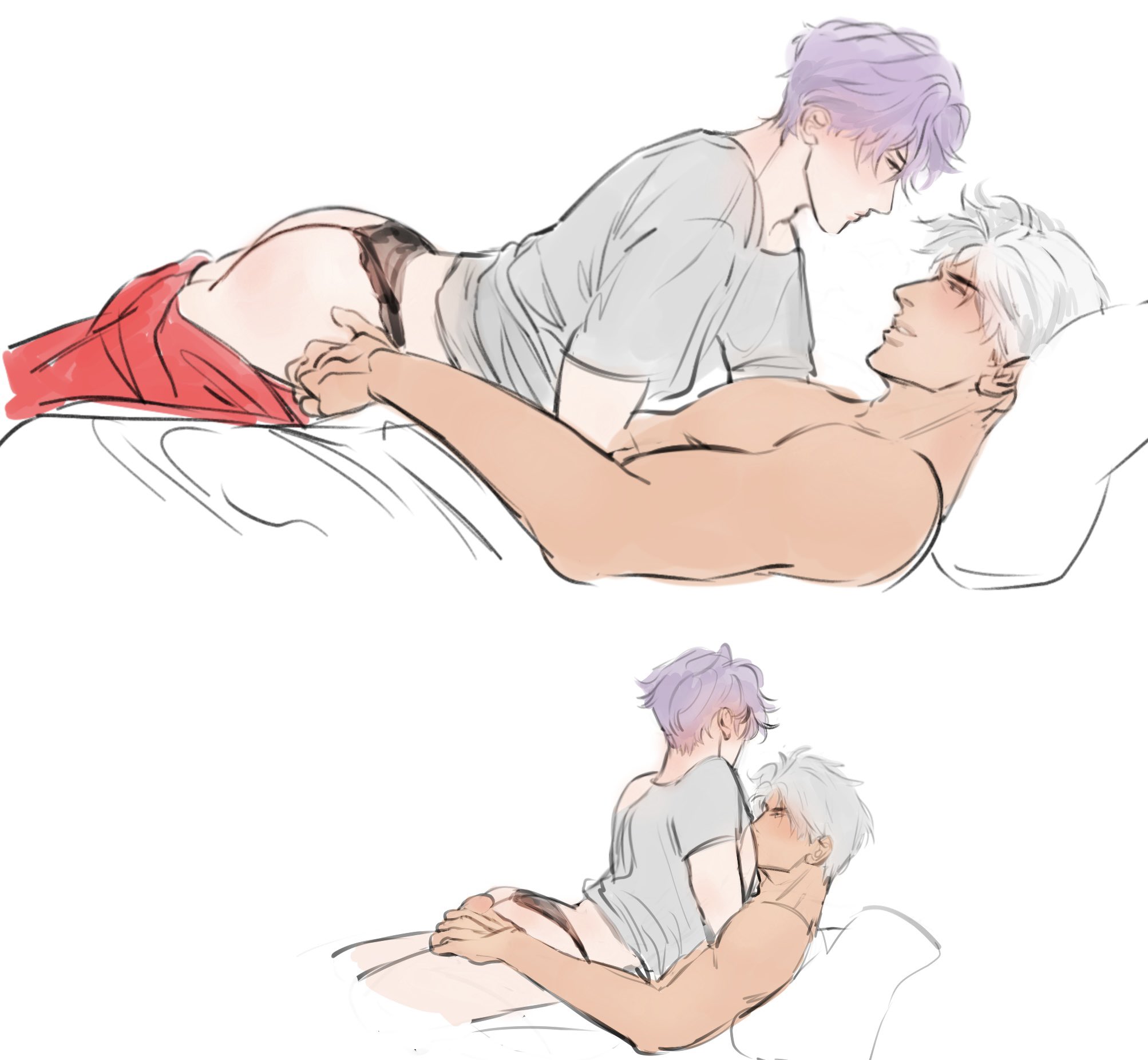 2boys, blush, breasts, colored, cuddling, dominant male, face in breasts, gay, laying on bed, laying on partner, love and deep space, male, male only, male/male, muscular, muscular male, panties, partially clothed, purple hair, rafayel (love and deep space), silver hair, submissive male, sylus (love and deep space), topless, yaoi
