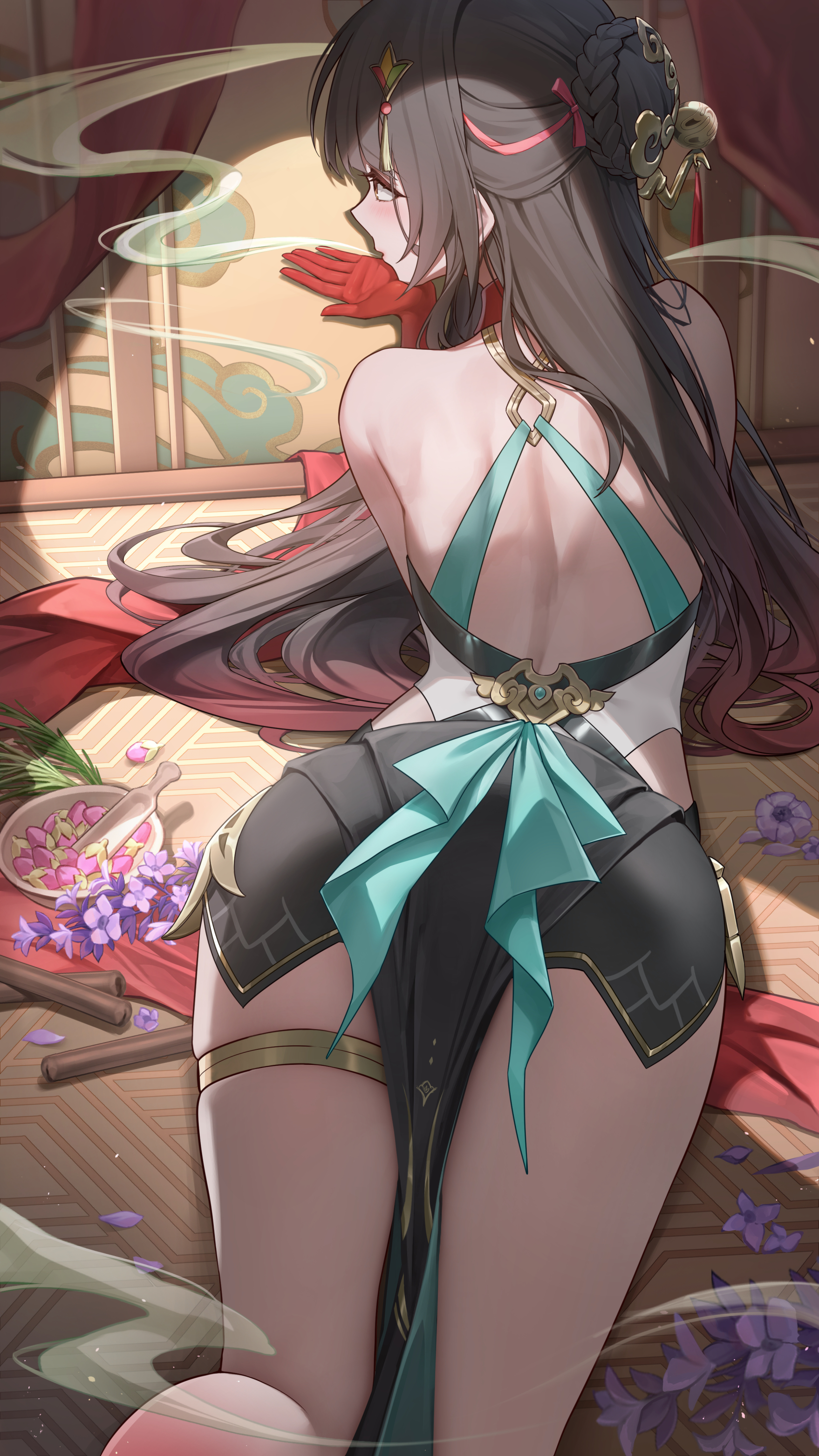 1girls, ass, ass focus, bare back, black hair, black spats, brown eyes, female, hair on floor, honkai: star rail, lingsha (honkai: star rail), long sleeves, lunacle, lying on stomach, red hands
