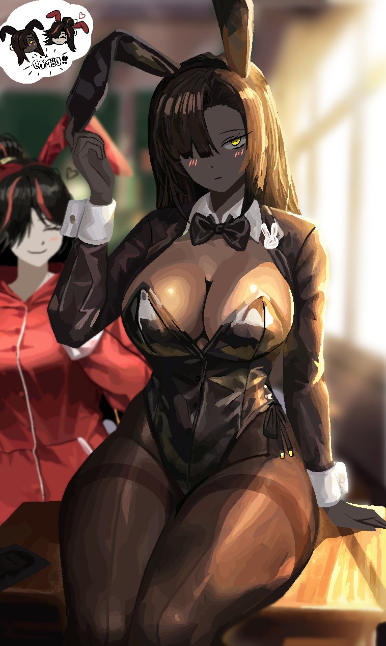 2025, 2girls, alternate costume, ass on table, big ass, big ass forehead lmao, big breasts, big butt, big forehead, black and red hair, black bowtie, black bunny ears, black bunnysuit, black hair, black leotard, blush, blushing at viewer, bowtie, breasts, bun, bunny, bunny ears, bunny ears (cosmetic), bunny ears headband, chalkboard, child bearing hips, classroom, cleavage, collar, covered areolae, covered nipples, dark brown hair, dark hair, dark skin, dark-skinned female, desk, embarrassed, emotionless, erotic costume, expressionless, female, floating heart, flustered, formal, formal attire, gold hair ornament, hair in bun, hands, heart, holy fuck i'm cumming, hoodie, huge boobs, huge breasts, huge thighs, leather, leather leotard, leotard, limbus company, long eyelashes, long hair, long-haired female, looking at viewer, milkers, non-canonical breasts, pale skin, pale skinned female, pantyhose, paul camadonnas, pin, pink blush, project moon, red bunny ears, red highlights, red hoodie, red jacket, rivals, sheer legwear, sitting on desk, sitting on table, skin tight pants, smile, stockings, sun rays, sunlight, sunlight through window, table, thick thighs, thigh gap, thigh lines, thigh squish, thin eyebrows, tilted head, translucent legwear, unimpressed, white collar, white cuffs, white sclera, wide hips, wide thighs, wide waist, window, window light, yellow eyes, zigong (limbus company), zigong (project moon), zilu (limbus company), zilu (project moon), zipper