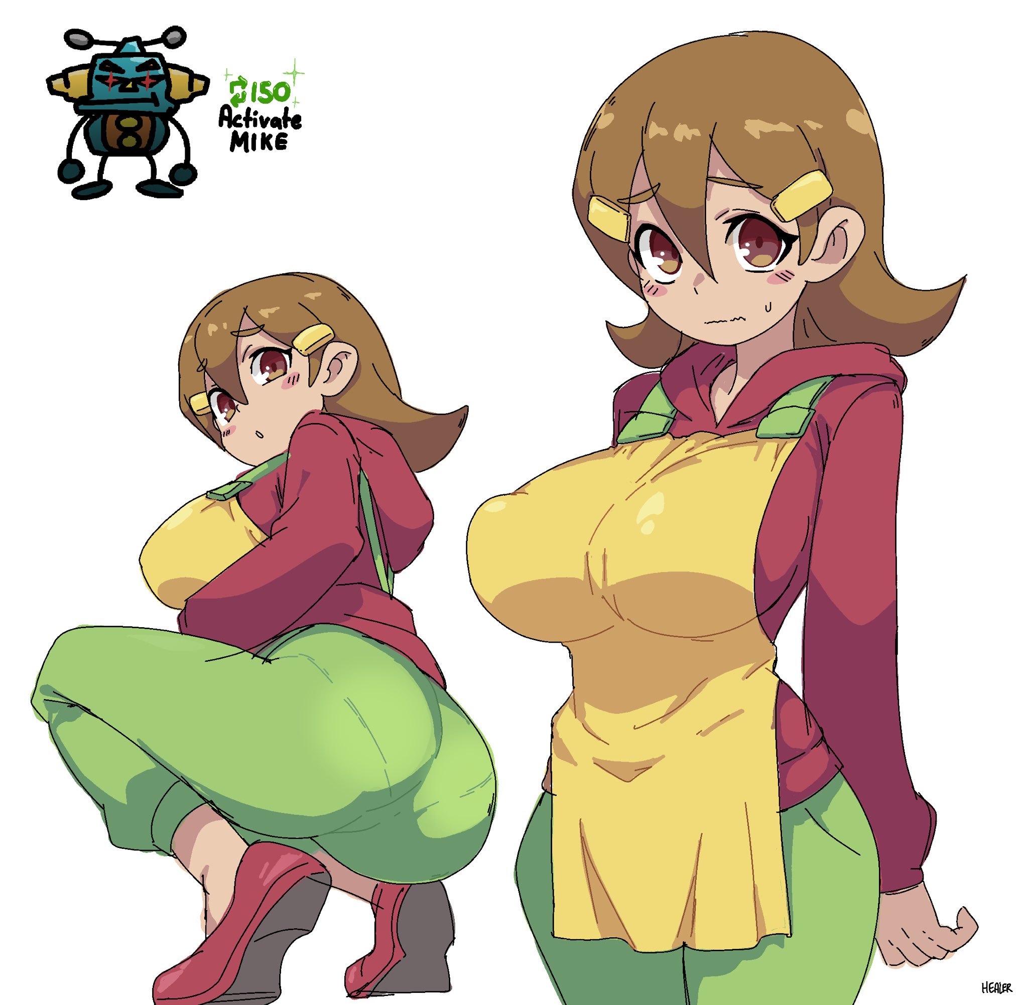 5-volt, alternate body size, alternate breast size (larger), apron, arms behind back, artist name, ass, blush, blush stickers, breasts, brown eyes, dot nose, embarrassed, english text, female, female only, from behind, from below, fruithead, green pants, hair between eyes, hair ornament, hairclip, healerart, highres, hood, hood down, hoodie, large breasts, long sleeves, looking at viewer, looking back, mature female, medium hair, mike (warioware), milf, multiple views, nintendo, pants, parted lips, red hoodie, red shoes, shoes, simple background, smile, squatting, standing, straight hair, warioware, white background, yellow apron